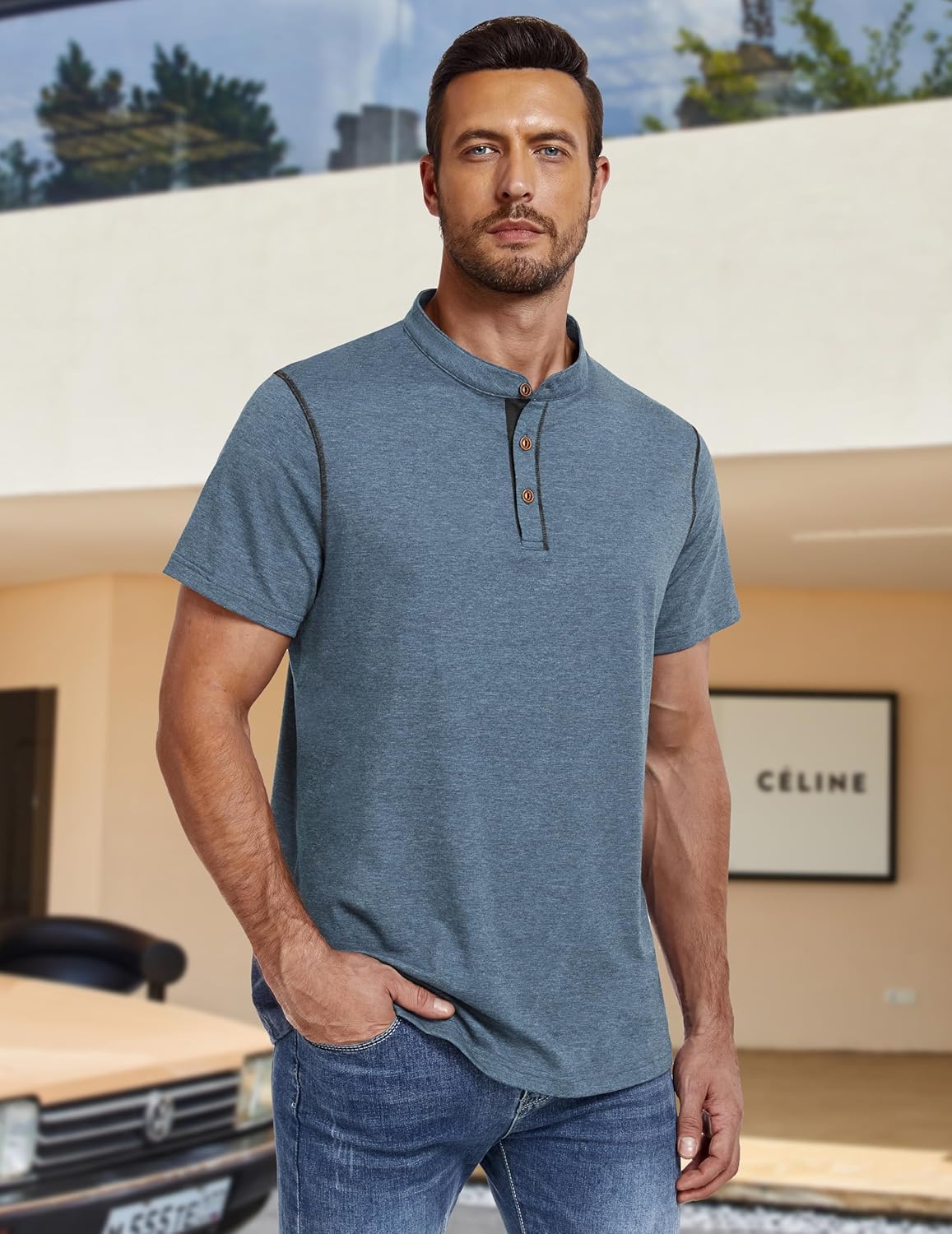 PEGENO Henley Shirts for Men Casual Cotton Shirt Banded Collar Designed Placket Mens Summer Shirts - Image 5