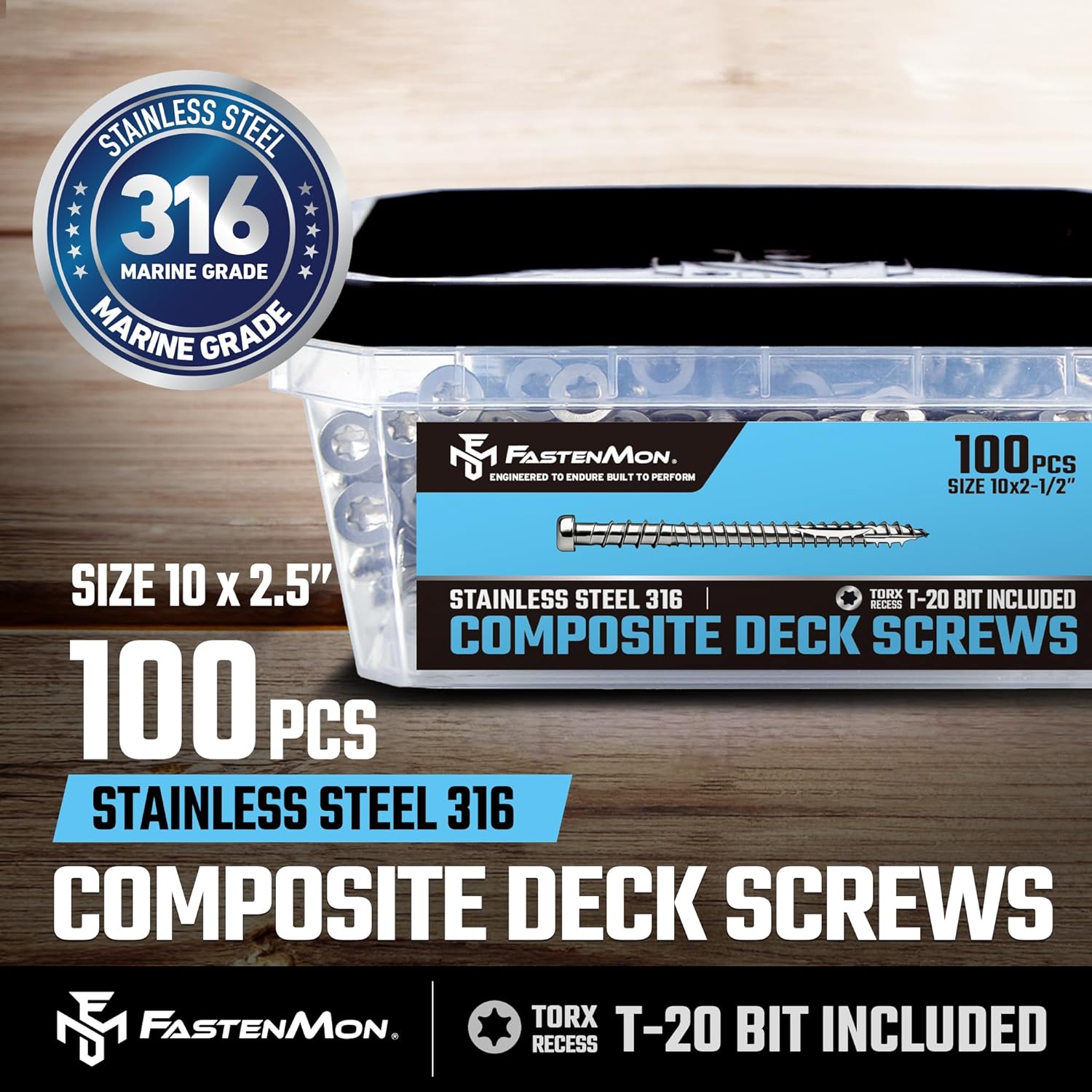 Composite Deck Screws, 316 Stainless Steel, #10 x 2-1/2", 100PCS - for PVC & Composite Decking, Flush Finish Cap Head, Reverse Thread, T20 Star Drive, Bit Included, Natural