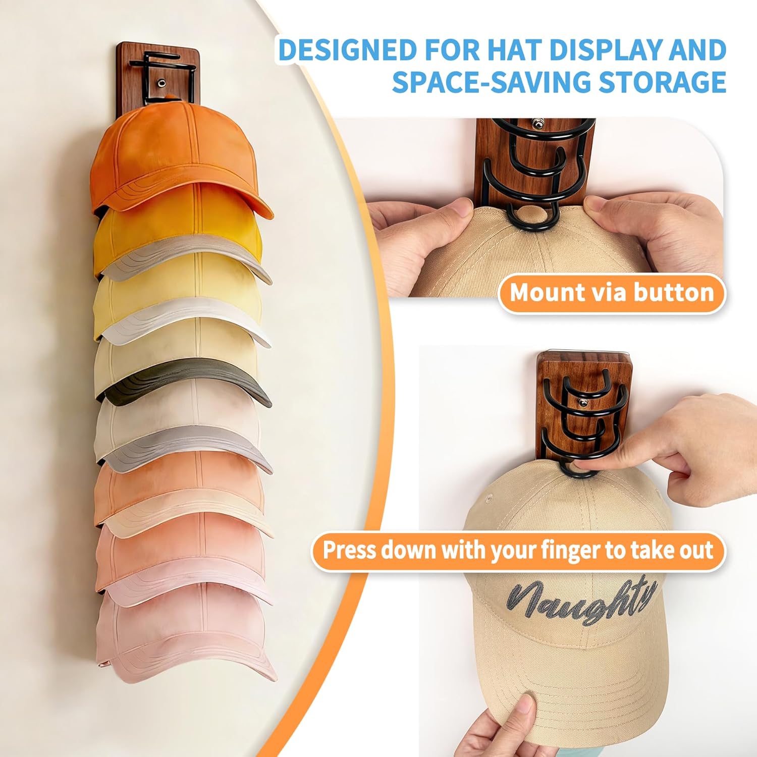 2 Pack Hat Organizer for Baseball Caps, Wood & Metal Hat Rack for Wall, Hat Storage for 22 Caps with Strong Adhesive/Wall Drilled for Door, Wall and Closet (Brown)