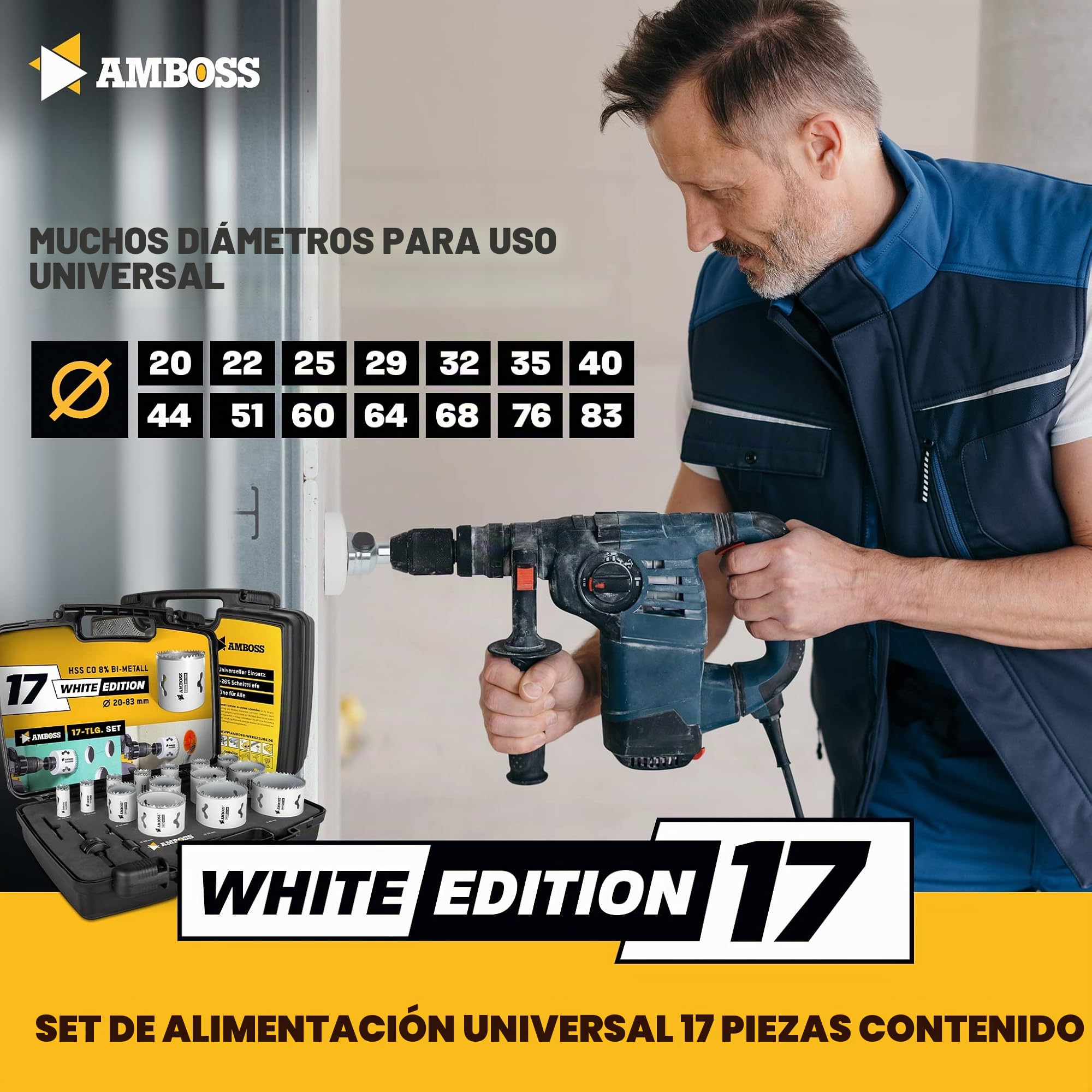 Amboss M 42 Juego de sierras bimetálicas de 19 a 83 mm de diámetro (17 piezas), para aluminio, acero, paneles de yeso, madera, etc. / White Edition 17 Universal Power Set