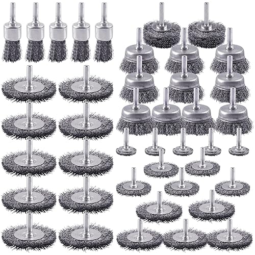 Rocaris Paquete de 42 cepillos de alambre de acero al carbono, cepillo para tazas, cepillo de rueda, juego de cepillos para bolígrafo con vástago