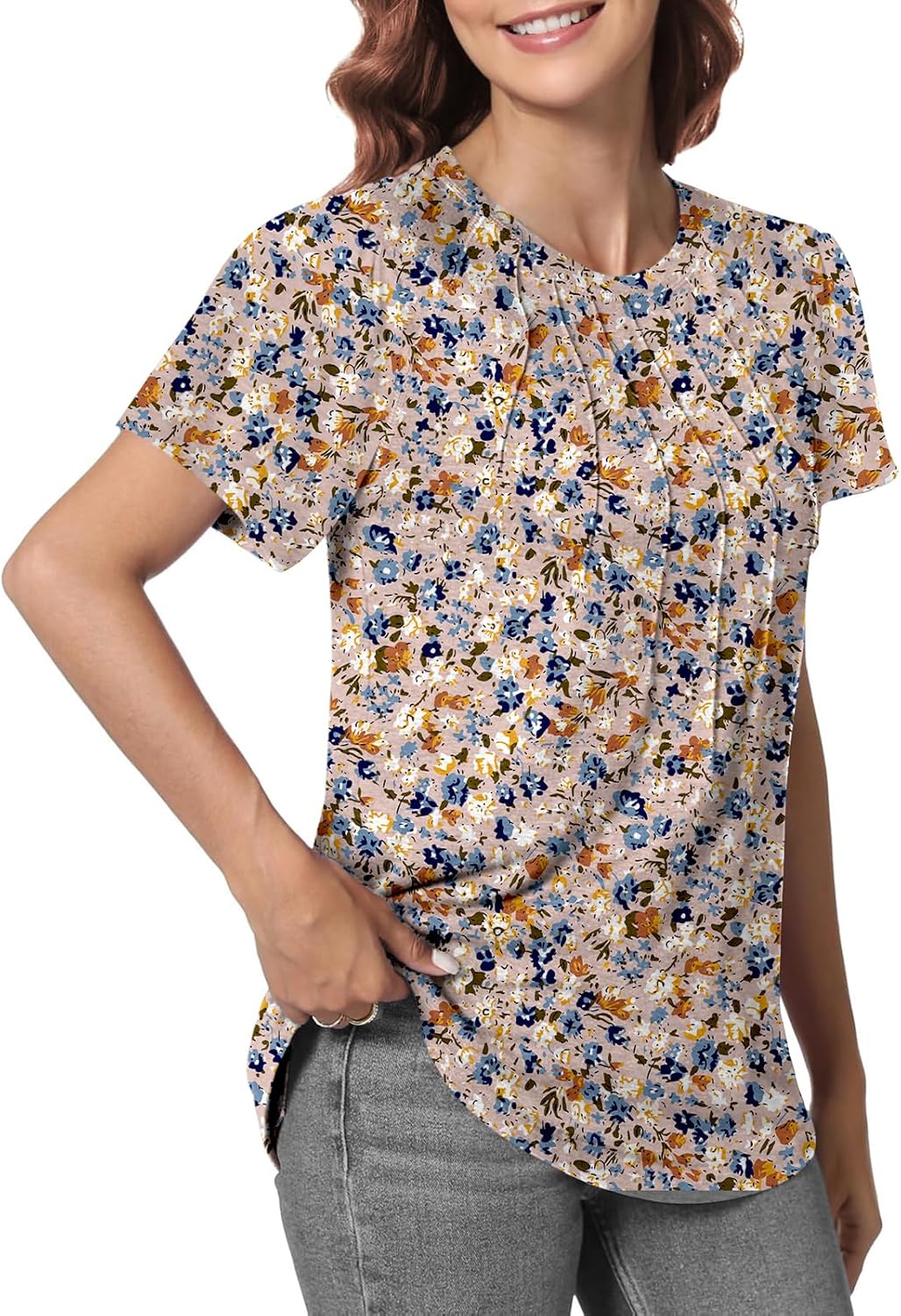 Beimuc Womens Tops Summer Short Puff Sleeve Pleated Shirts Casual Tunics Blouses Crew Neck Loose Fit Shirts Trendy 2026 - Image 2