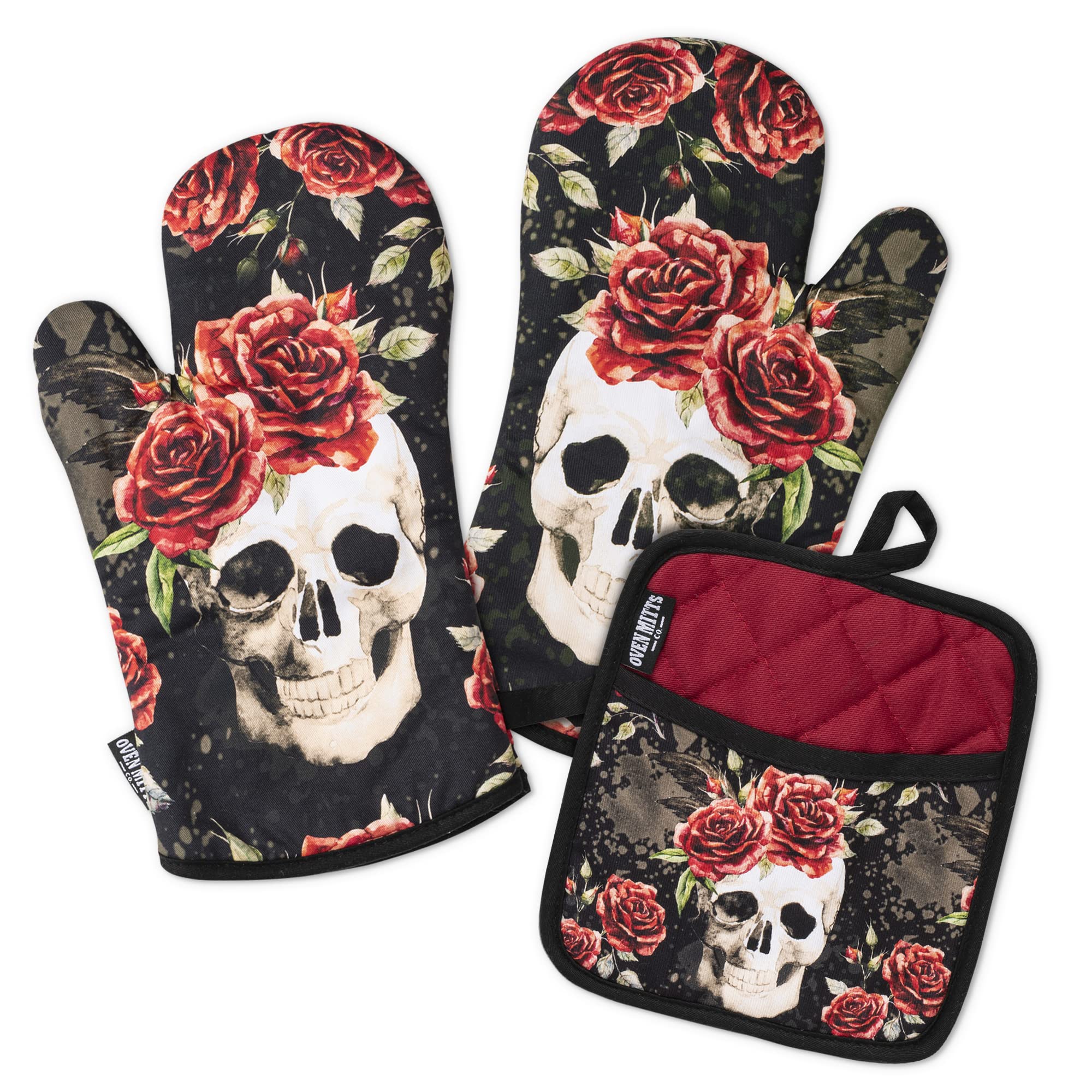 Oven Mitts Co. Vintage Flower Skull, Oven Mitts and Pot Holder 3pcs Set, Insulated, 100% Cotton, Set