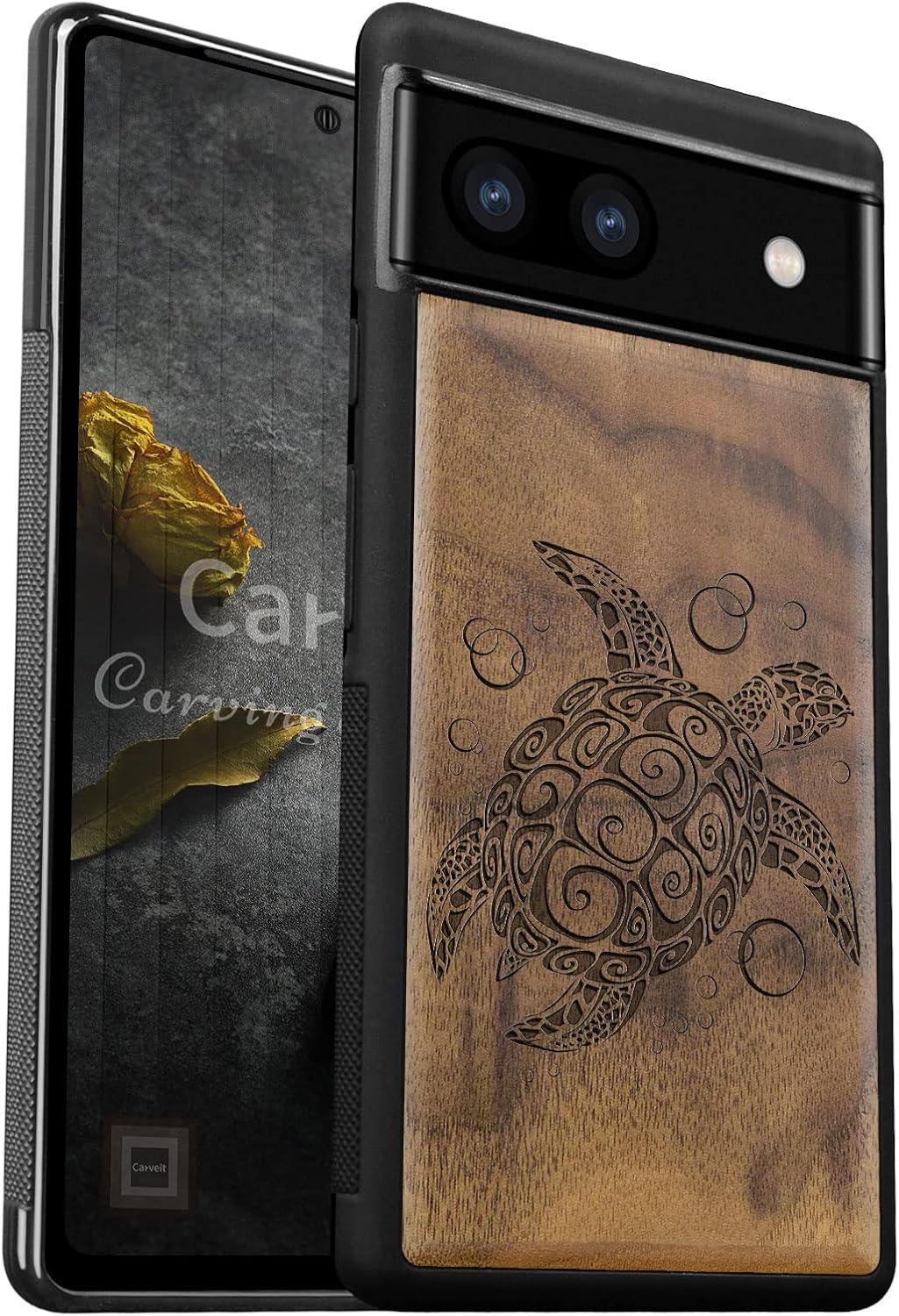 Carveit Wood Case for Pixel 6a Case [Natural Wood & Black Soft TPU] Shockproof Protective Unique & Classy Wooden Cover Compatible with Google Pixel 6a (Sea Turtle-Walnut)