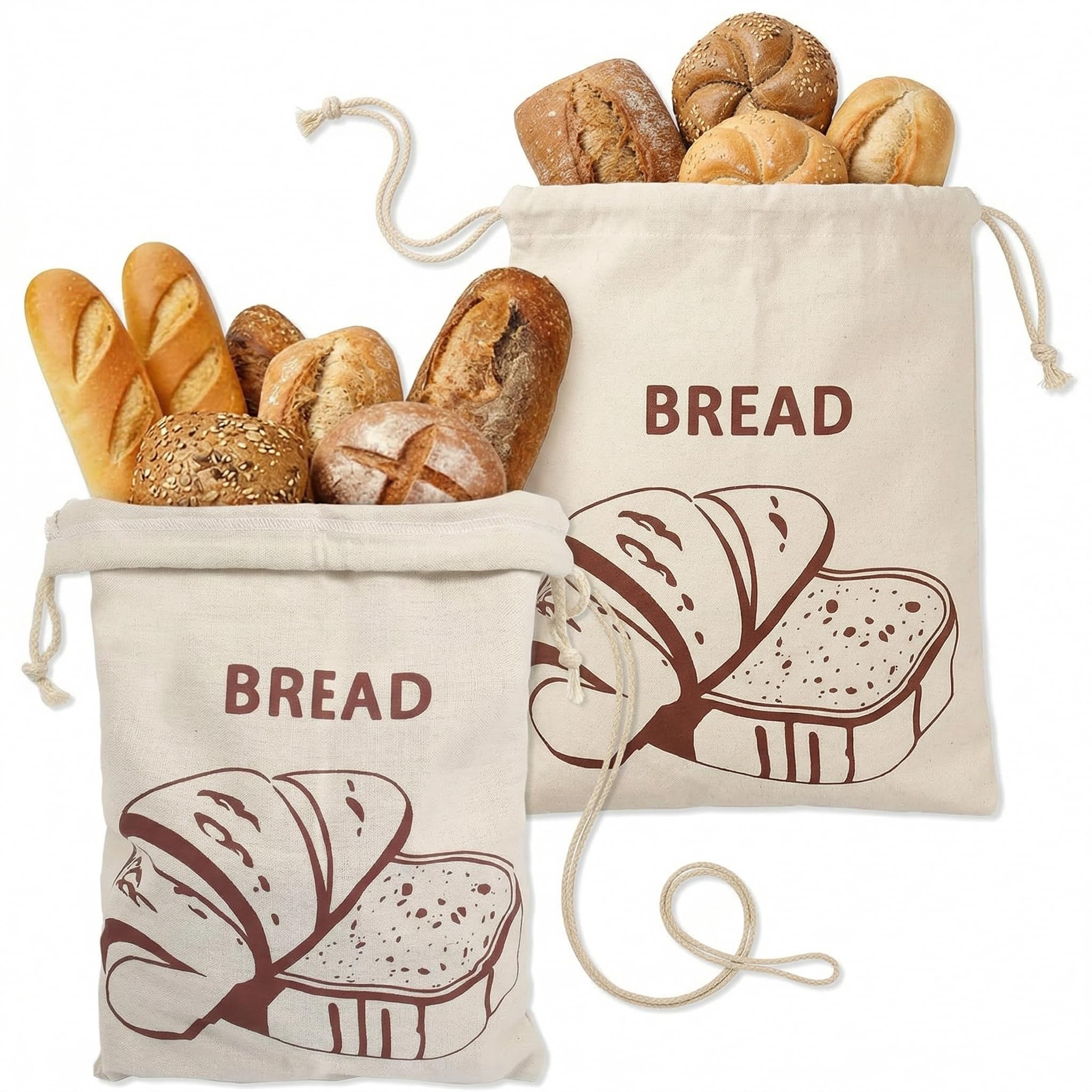 Sac à Pain Réutilisable en Tissu Lot de 2 30 x 40 cm avec Cordon de Serrage pour Baguette Fruits Stockage