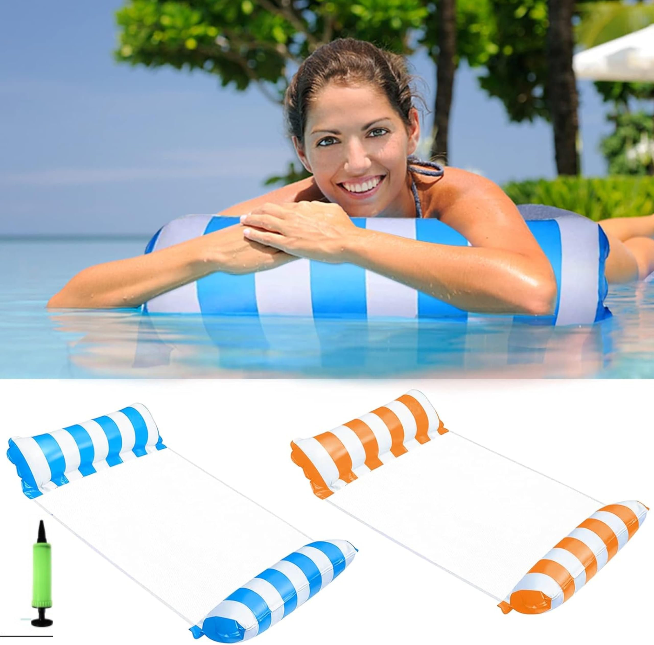 Set 2 Amaca Galleggiante Con Rete XL Blu e Arancione con Pompetta – Materassino Gonfiabile Con Retina 4-in-1 Multifunzionali, Amache Galleggianti Mare e Piscina, Poltrona Lounge, Lettino Relax