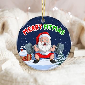 Merry Fitmas Santa Weightlifting Christmas Ornament Ceramic – Funny Fitness Gym Holiday Tree Decoration Gift for Men Women - Gift for Family, Friend