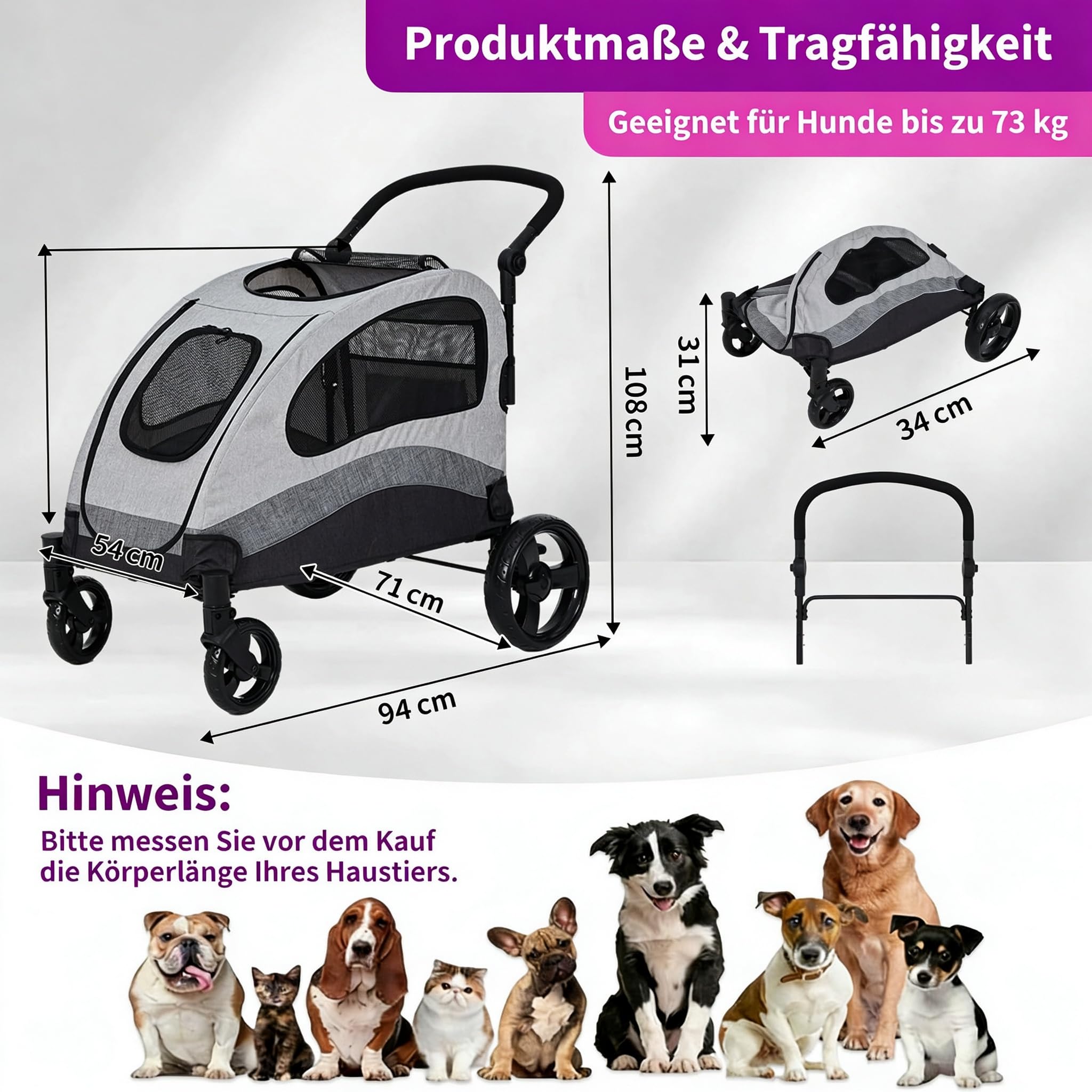 IDEALHOUSE Hundebuggy PC406 112x57x105cm 1 Stück Schwarz Stahl bis 30kg Transport