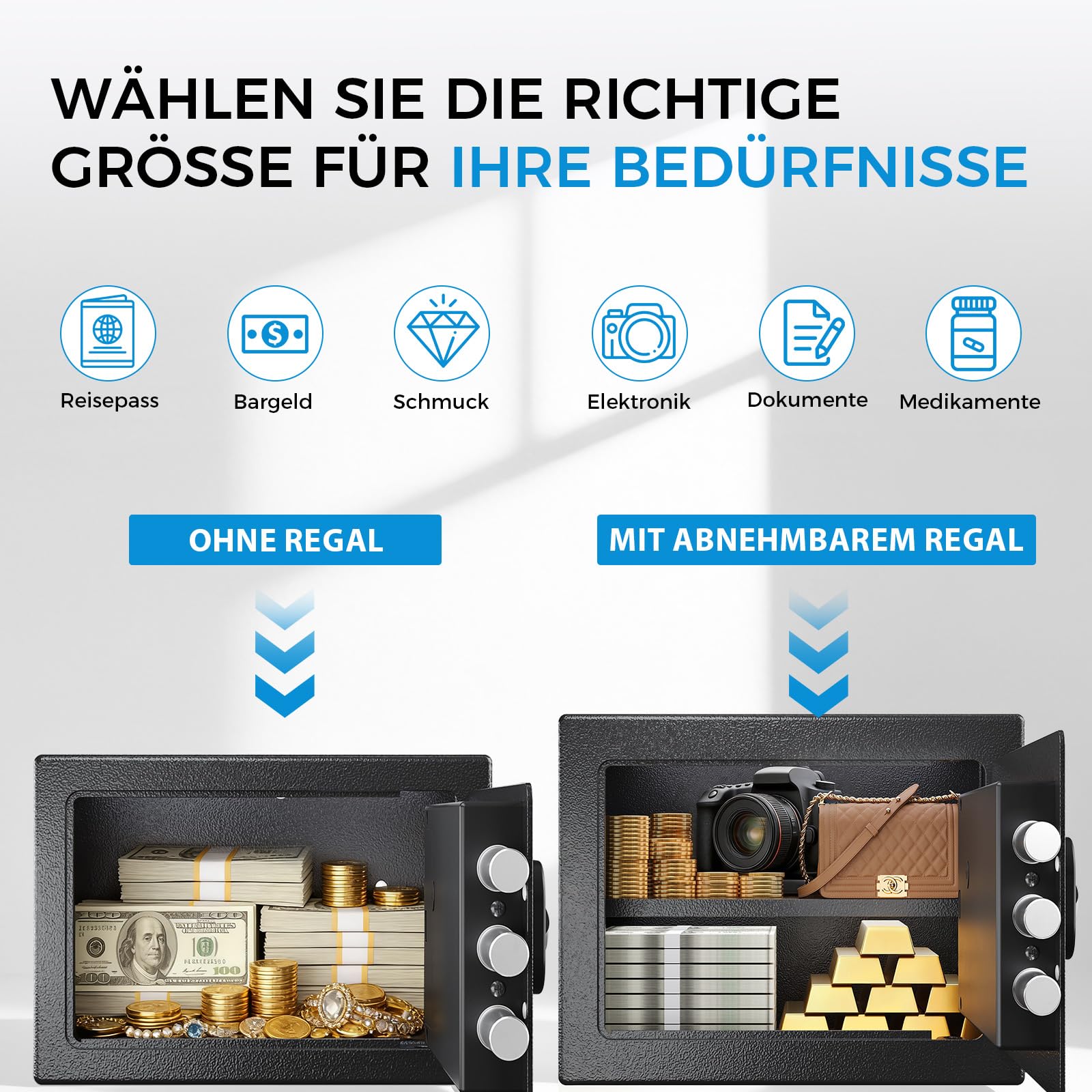 GTPLAYER Tresor für Zuhause, Feuerfester Wasserdichter Mini Sicherheitstresor mit Fingerabdruck, Zahlencode, Notschlüssel & Alarmfunktion – Elektronische Verriegelung für Bargeld Dokumente (12L)
