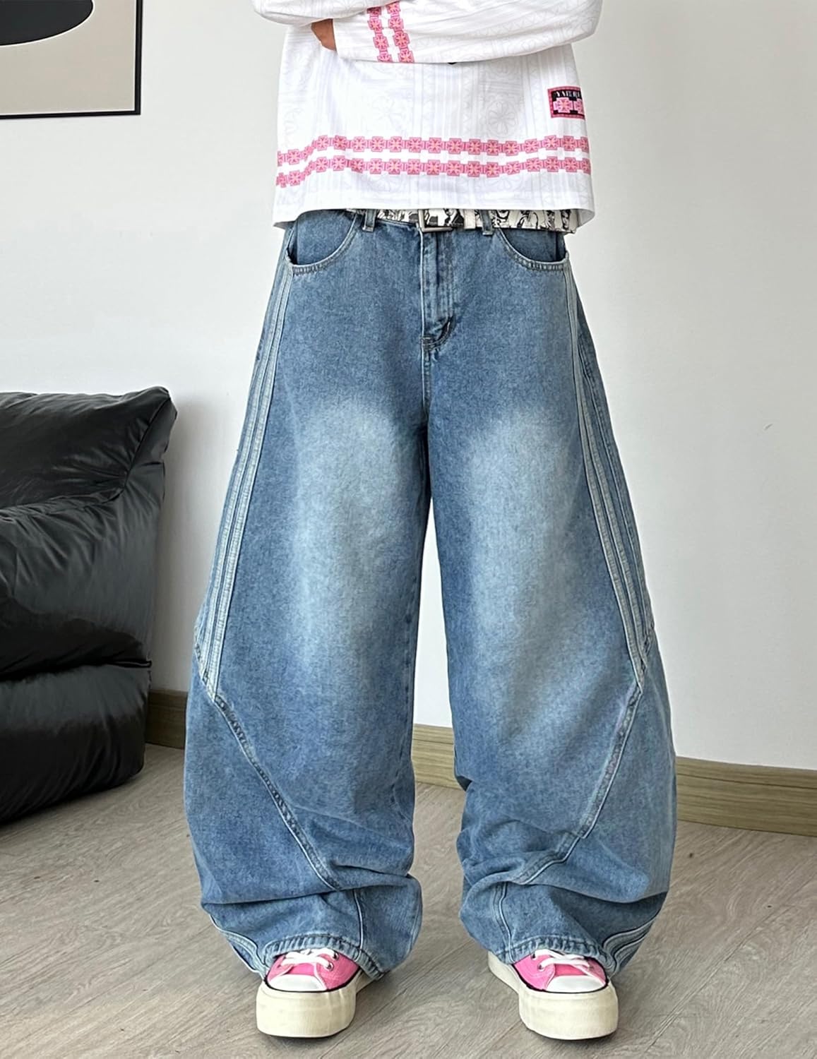 Men's Wide Leg Jeans Irregular Sutures Baggy Pants Loose Fit Skater Jeans Trousers with Pockets - Image 4