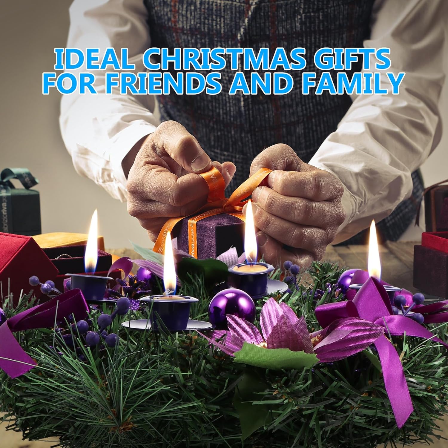 VICASKY Christmas Wreath Candle Holder 30cm Purple 12-inch Creative Xmas Candlestick Decoration for Wedding and Holiday Table Centerpiece