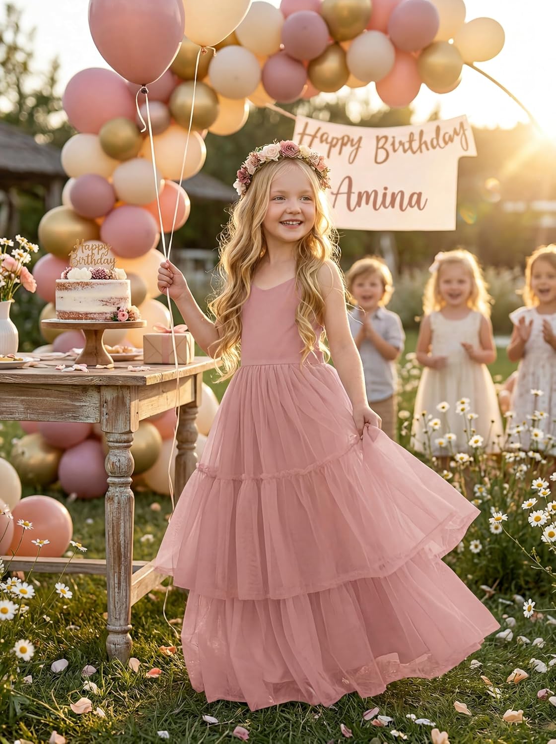 Boho Flower Girl Dress Tulle Backless Layered Ruffle Maxi Dress for Beach Wedding Photoshoot Formal Party Dresses