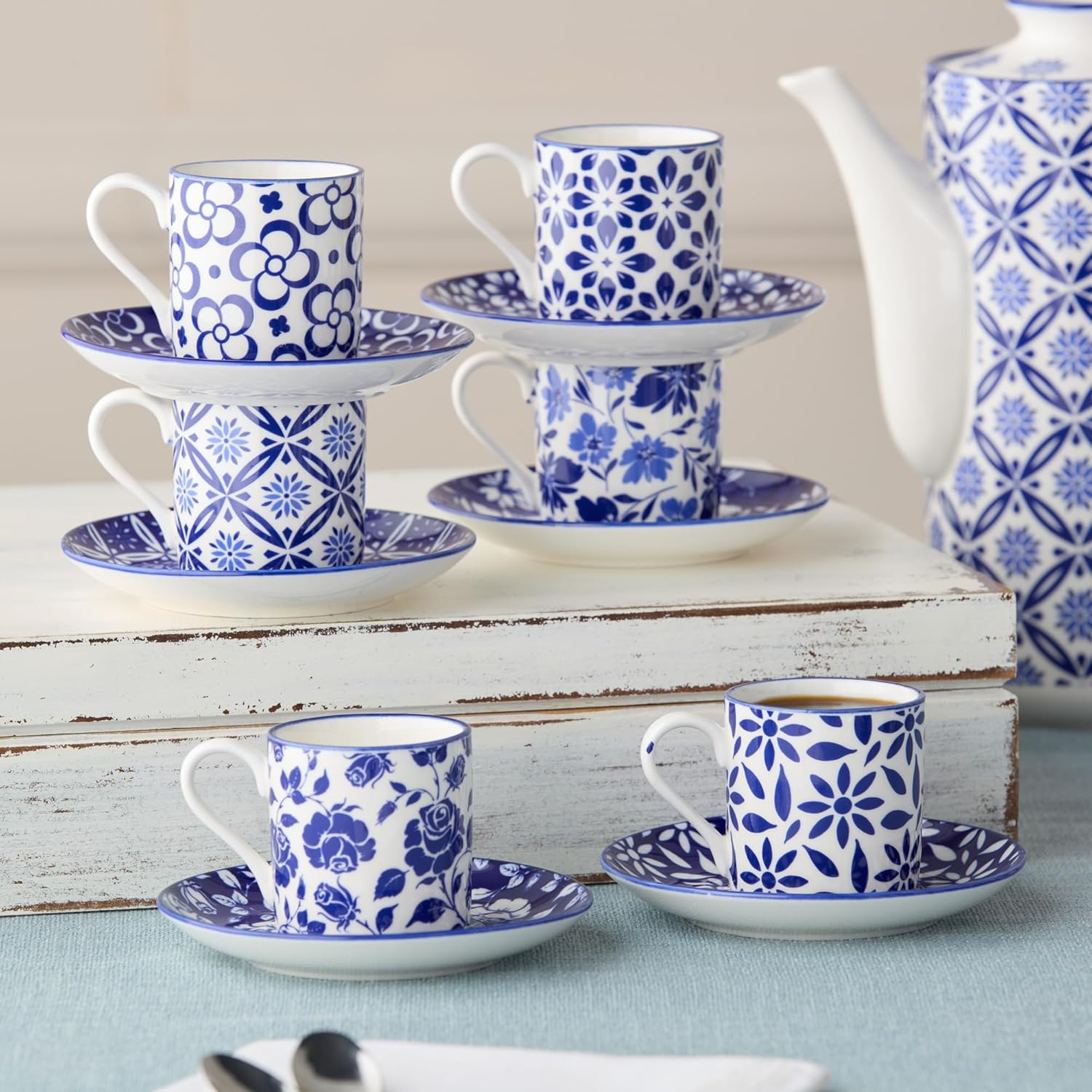 Madison 6-Piece Espresso Cup & Saucer Set, 3.25 oz Porcelain Cups with 4.75-Inch Saucers, Intricate Blue & White Patterns, Durable & Dishwasher Safe, Perfect for Espresso & Giftable Elegance