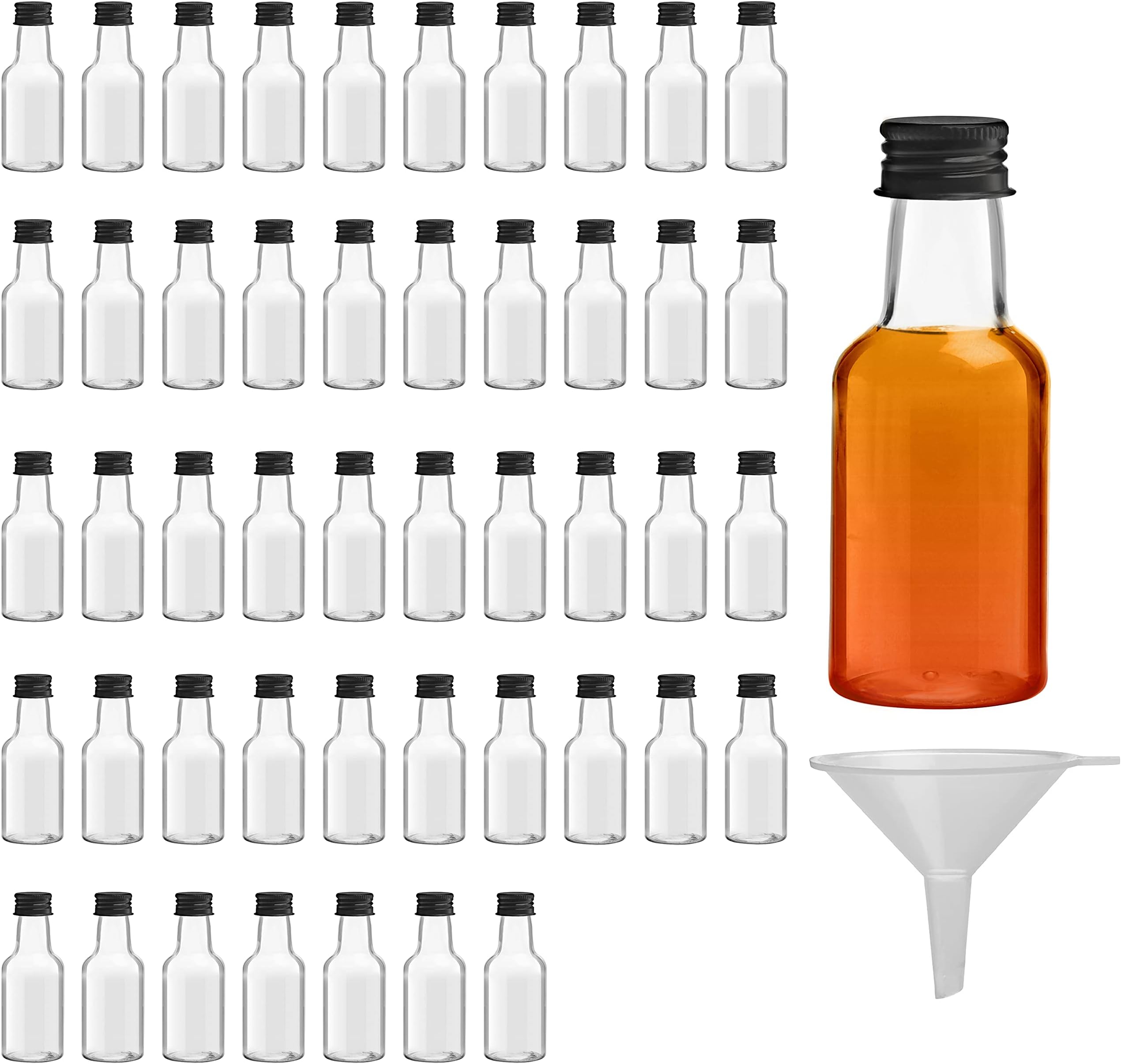 Mini Liquor Bottles (48 Pack) - Reusable Plastic 25ml (0.85 fl oz) Empty Spirit Bottle with Black Screw Cap, Liquid Funnel for Easy Pouring, Filling - Miniature Bottles - Weddings & Parties