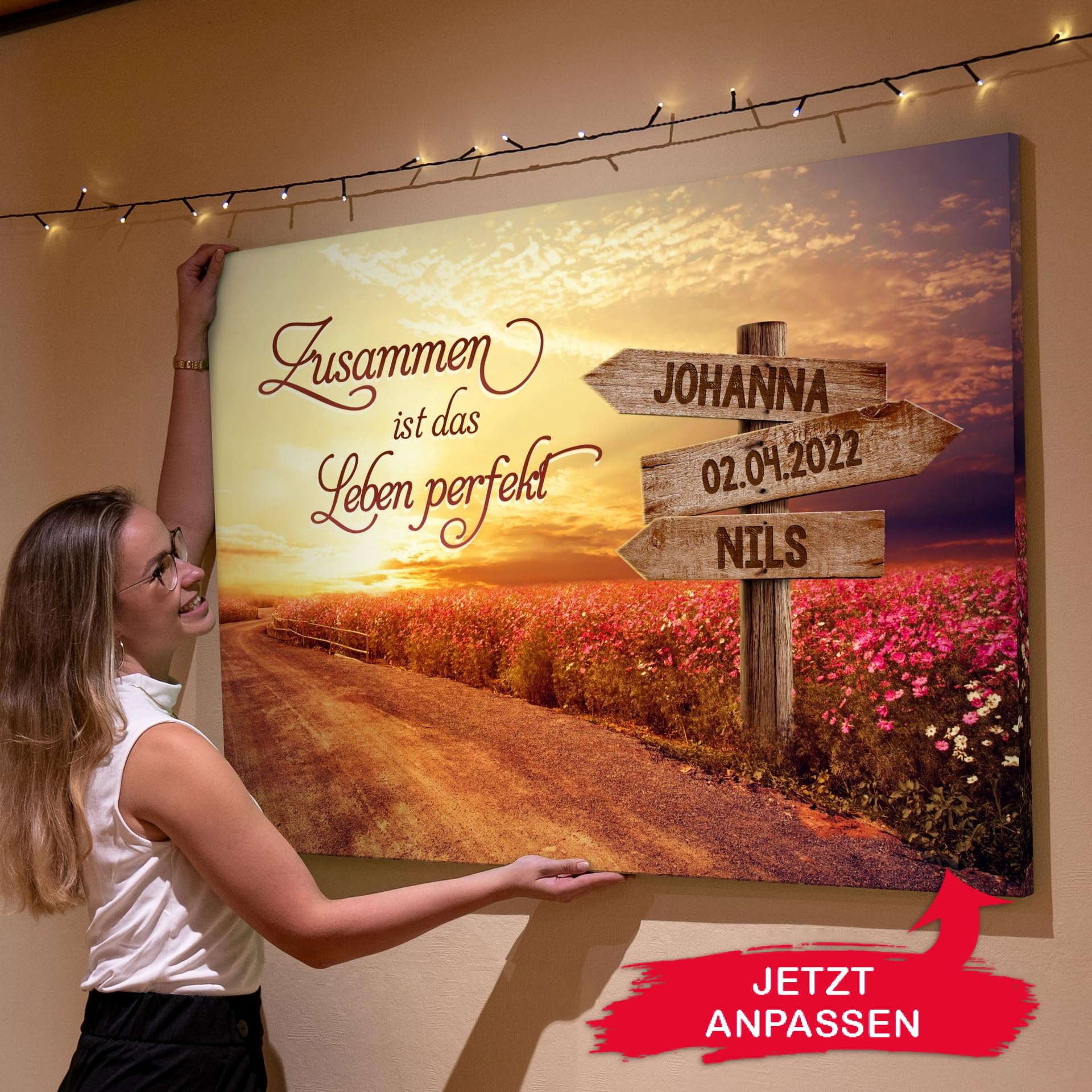 Liebesleinwand Leinwand personalisiert Weg zum Glück | Geschenk für sie oder ihn zum Jahrestag, Verlobung, Hochzeitstag | Leinwandbild gestalten mit Namen und Datum