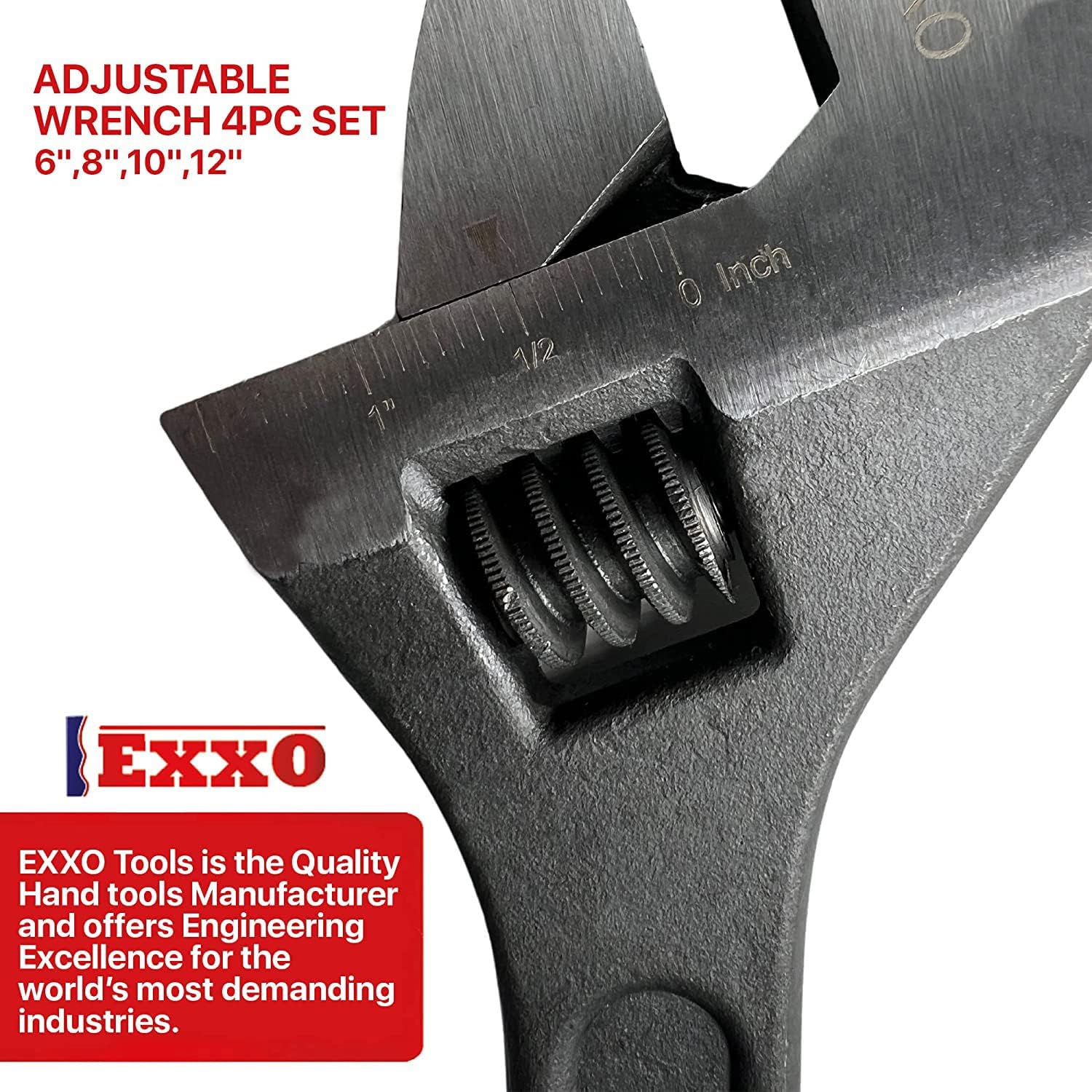 EXXO Adjustable Crescent Wrench Set - 4 Piece Tool Box Accessories - Made with Forged Steel for Durability and Long Lasting Use