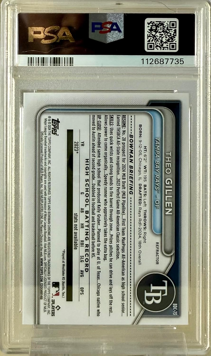 Theo Gillen PSA 9 Mint Graded Chrome Refractor 1st Chrome Rookie Card Collectible Baseball Card - 2024 Bowman Draft Chrome Baseball Card #BDC-73 (Rays)