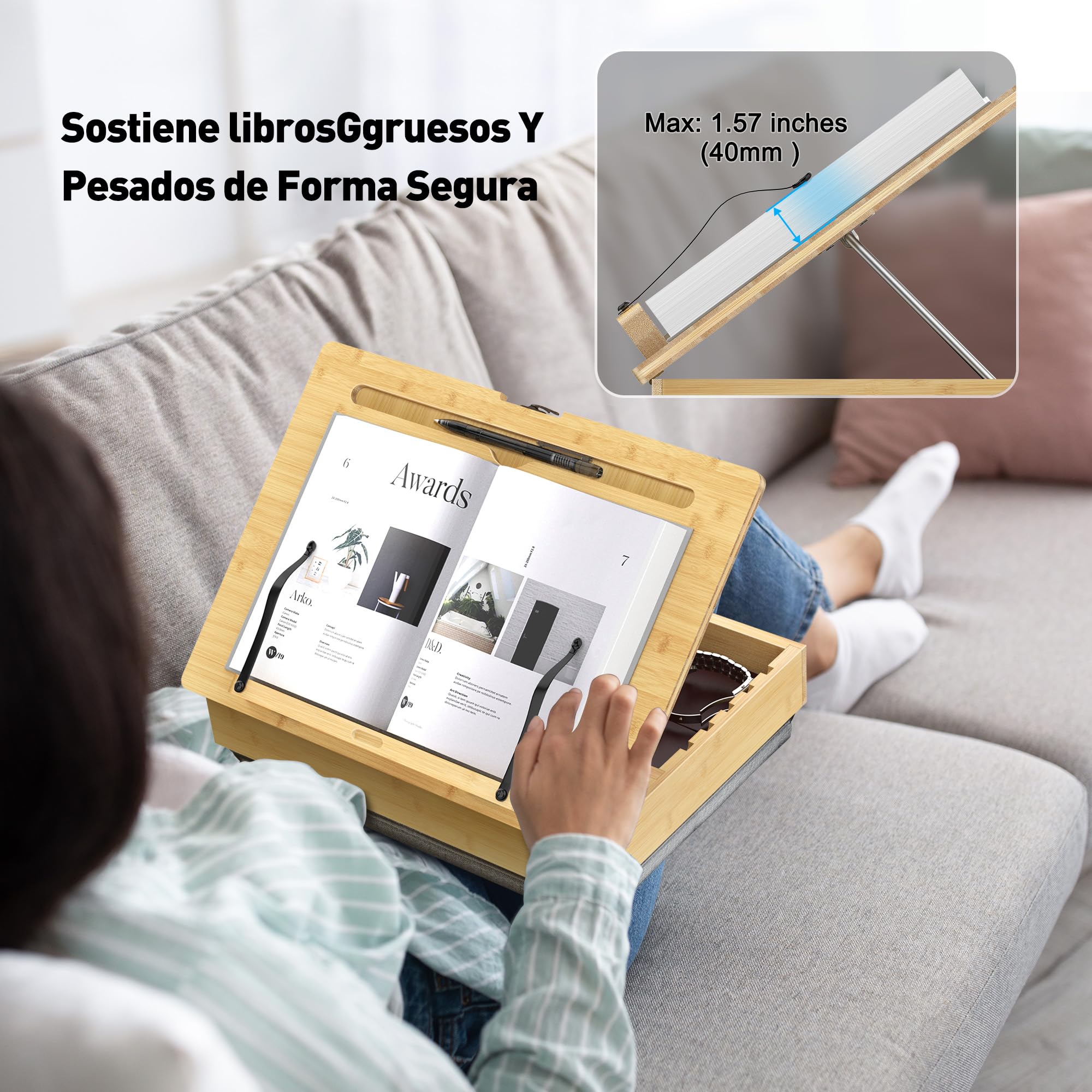 AboveTEK Atril de Lectura de Bambú con Cojín Suave, Soporte Ajustable para Libros y Tablet, Atril con Almacenamiento, Porta Recetas de Cocina, Soporte para Libros de Cama y Escritorio