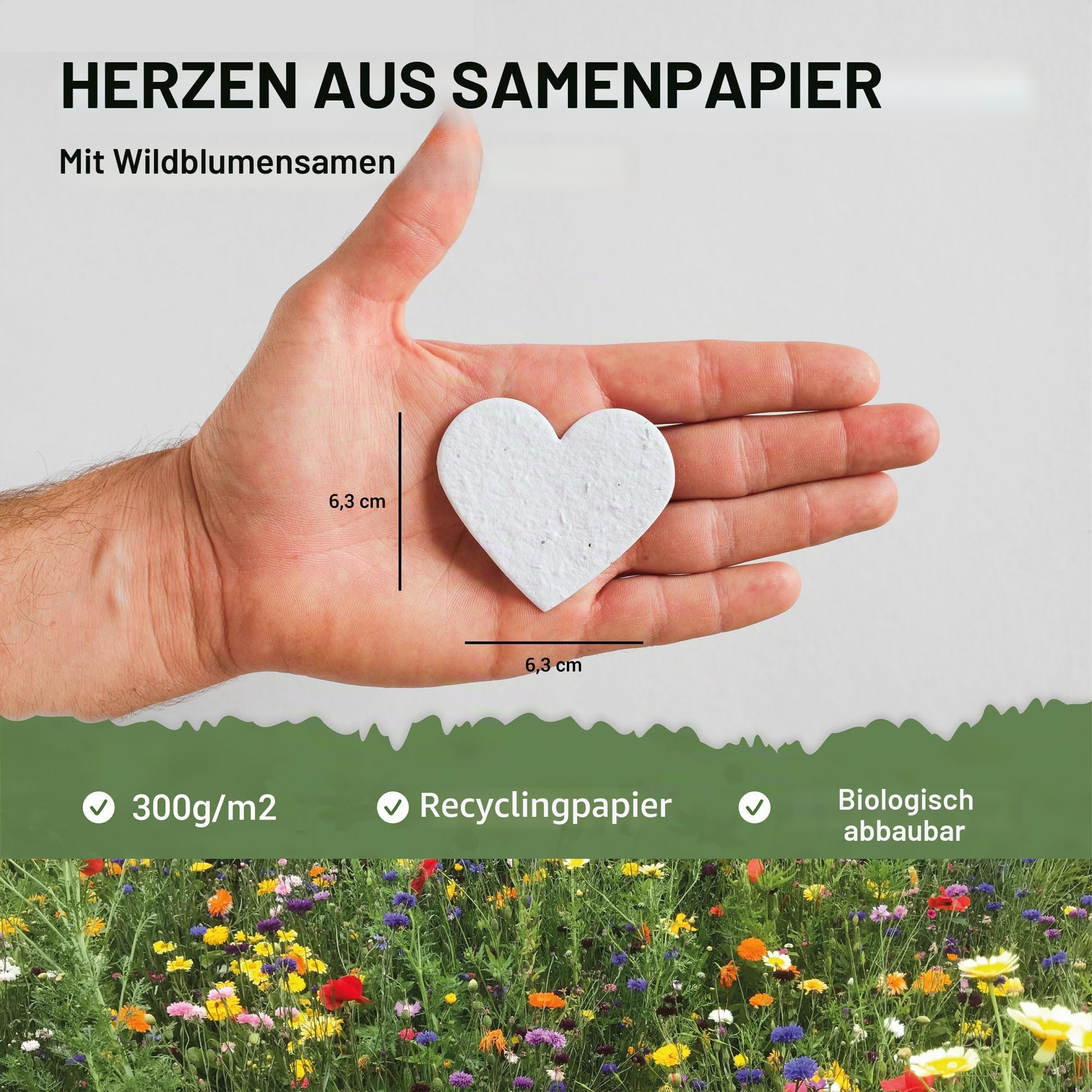 Blooming Herzen aus Papier, gesät, 25 Stück, für Hochzeit, zum Einpflanzen, blanko, 6,3 x 6,3 cm, 300 g/m², weiß, biologisch abbaubar, Wildblumensamen