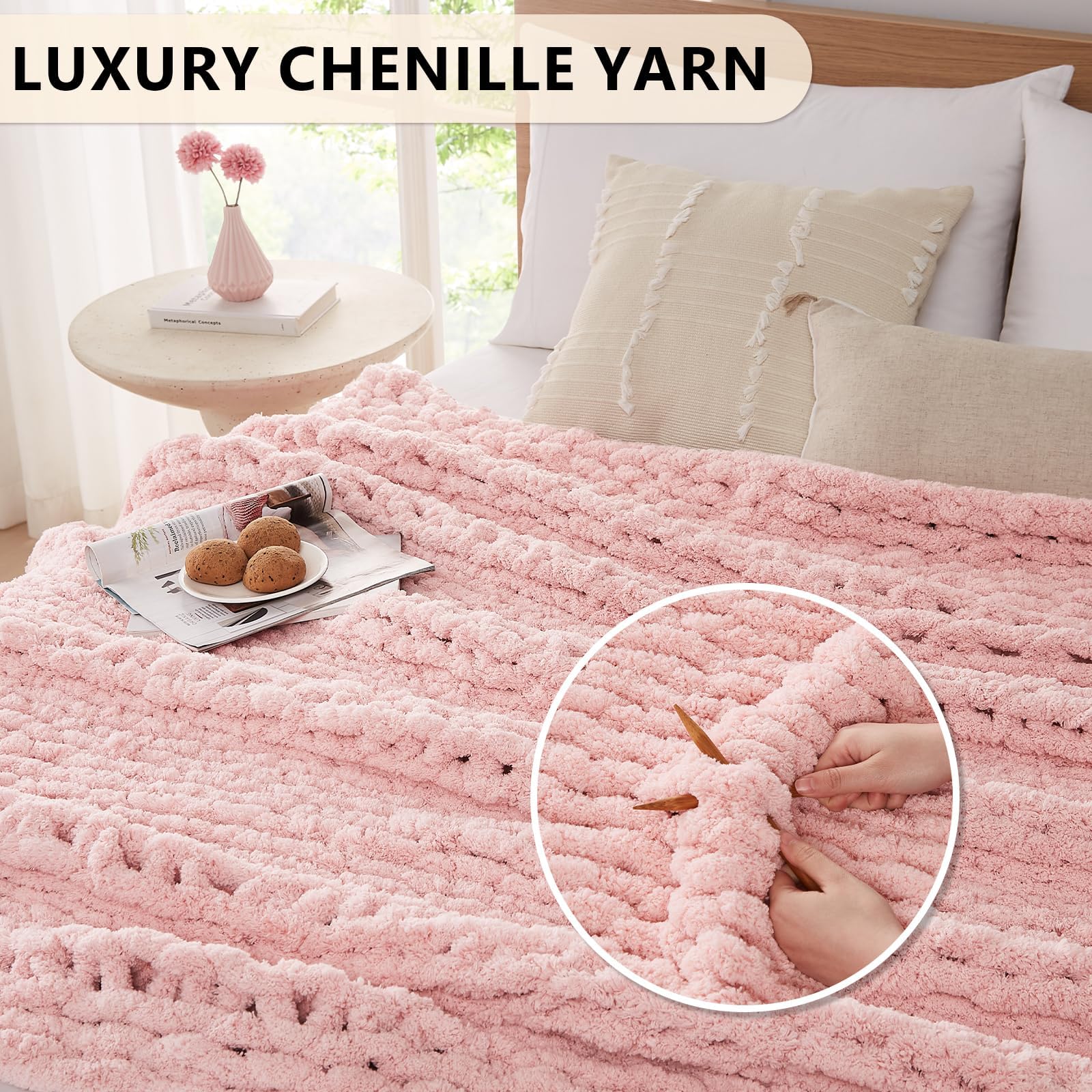 L'AGRATY Chunky-Strickdecke Rosa (150x200 cm), Weiche Chenille-Garn Wurfdecke, Handgemachte Zopfstrick-Decke, Kuschelige Häkeldecke für Sofa, Bett & Wohnkultur