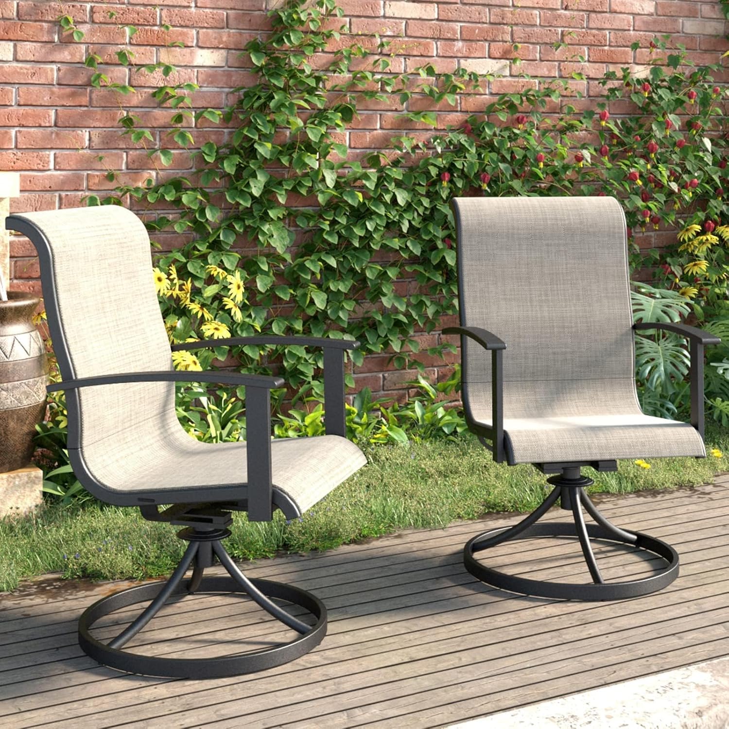 Grand patio Outdoor Swivel Dining Chairs Set of 2, 360 Degree Mesh Sling Rocker Sets for Deck, Garden Backyard, Mixed Coffee