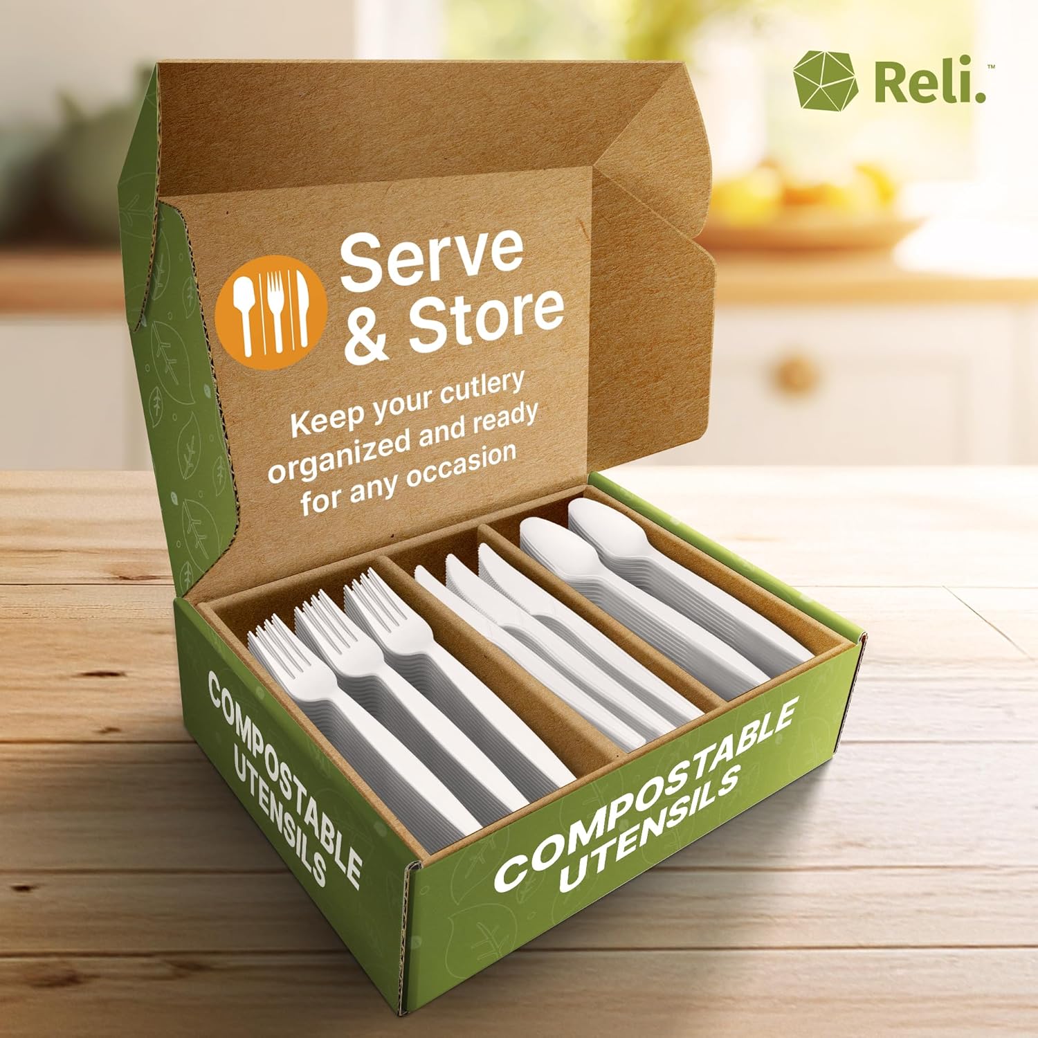 Reli. Compostable Utensils Set (360 Pack) | (120 Ea.) Knives, Forks,Spoons Disposable Utensils Heavy Duty | Compostable Cutlery Set for Party, Events | BPA Free, Cornstarch,Composting Flatware (White)