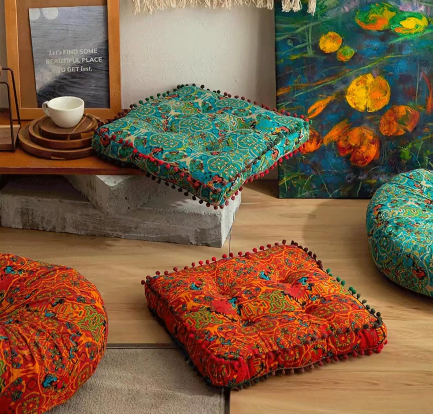 Meditation Cushion, Boho Meditation Mat, Meditation Pillows For Sitting On Floor, Cushions For Sitting In Home And Outdoor, Floor Pillows Cushion Sea(Size:42x42x6cm,Color:Moroccan square mat - orange)