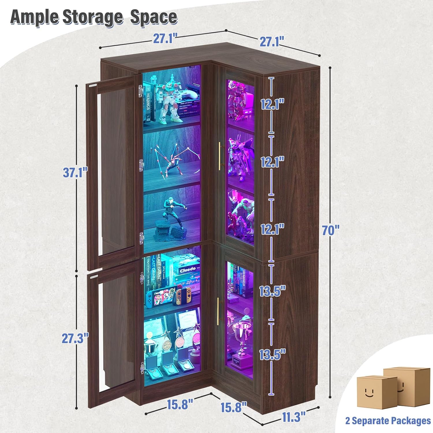 Armocity Corner Display Cabinet with Glass Doors, Display Cabinet with RGB Light Strips, Corner Kitchen Pantry Storage Cabinet with Doors, 70" Tall Bar Cabinet, Black Walnut