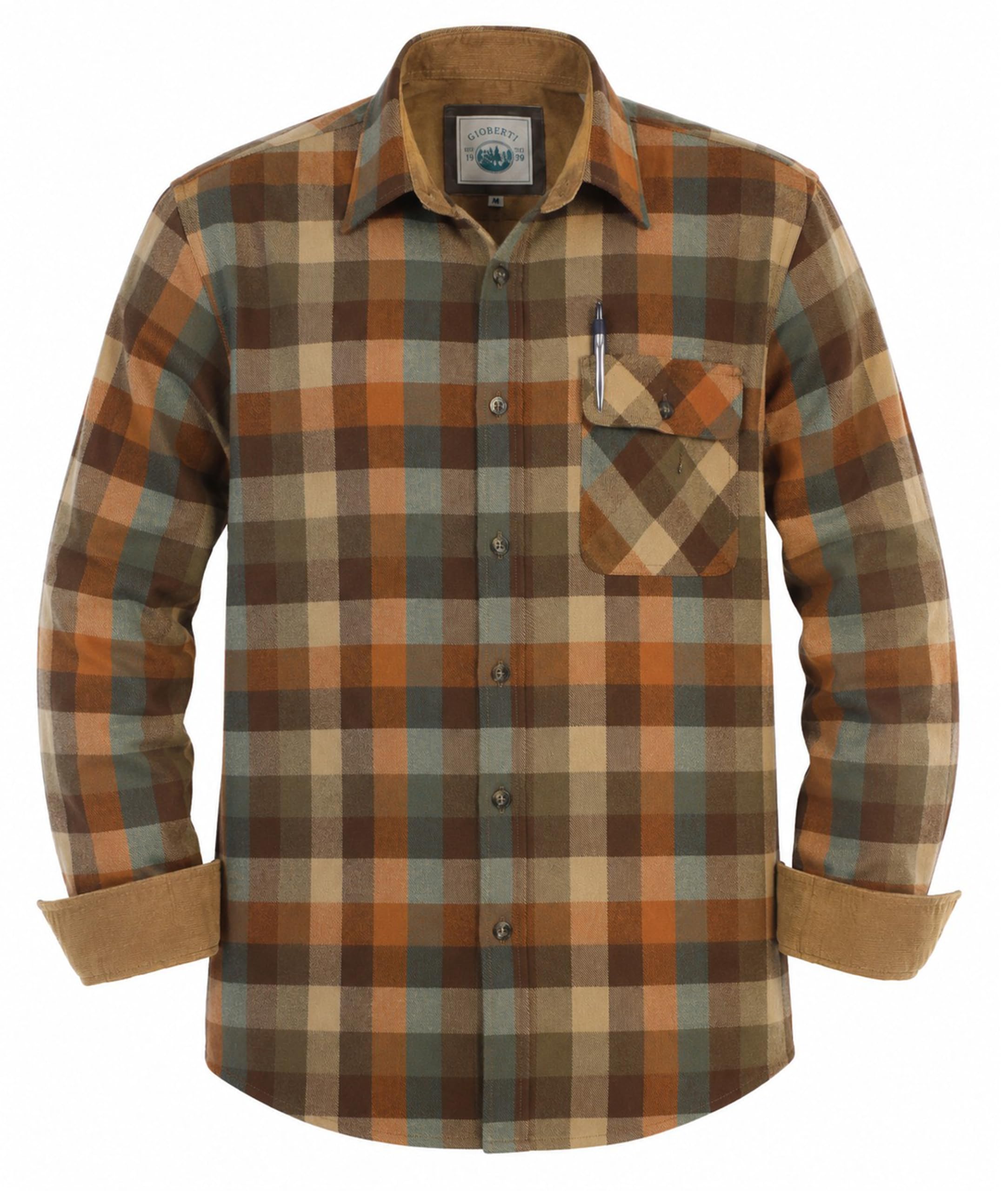 Men's Brushed Flannel 100% Cotton Plaid Checkered Shirt with Corduroy Contrast