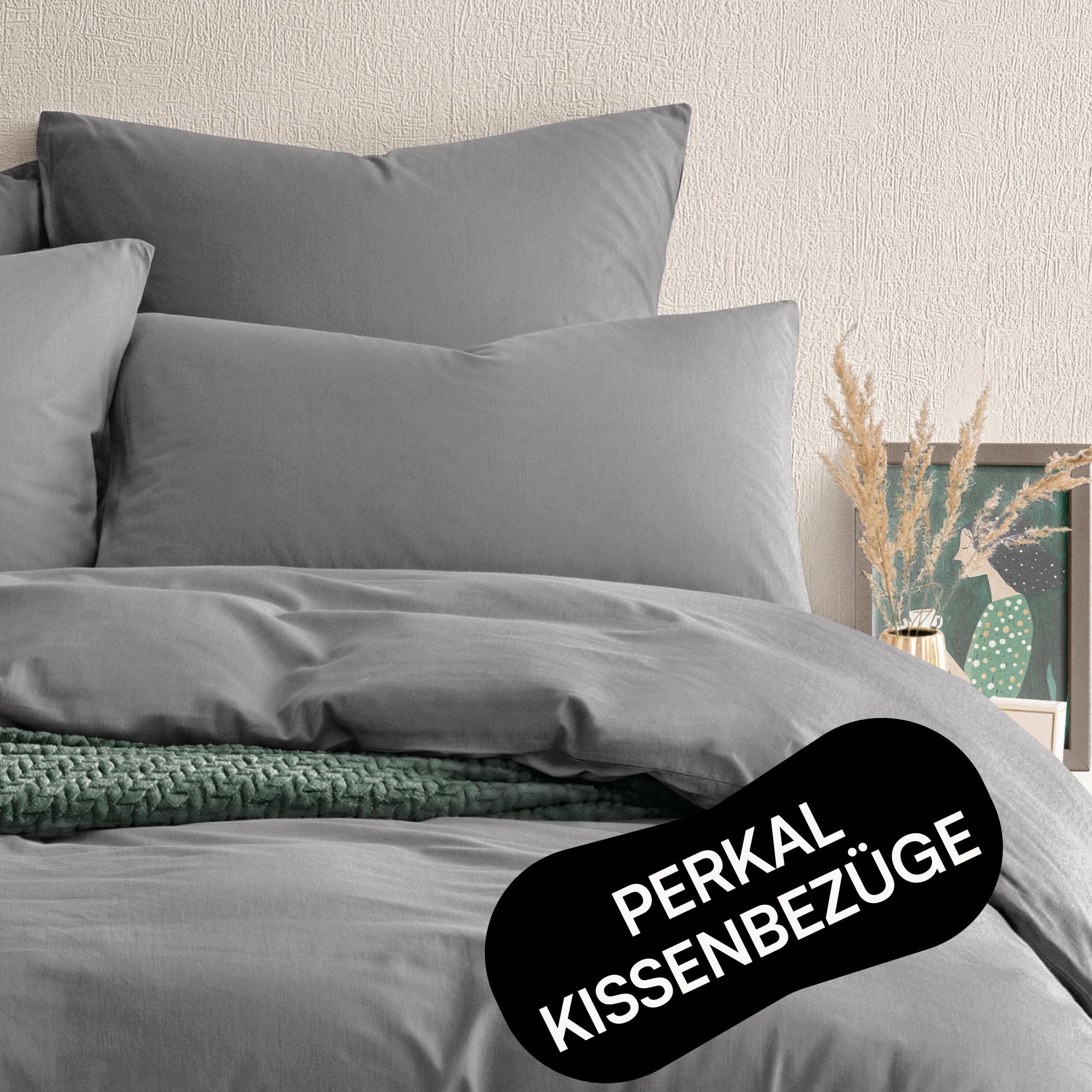 Zestaw poszewek na poduszkę 40 x 80 cm, ciemnoszary (zestaw 2 szt.), 100% bawełna, perkal (szorstki), certyfikat Oeko-Tex, oddychająca, 40 x 80 cm, poszewka na poduszkę z zamkiem, Pościel