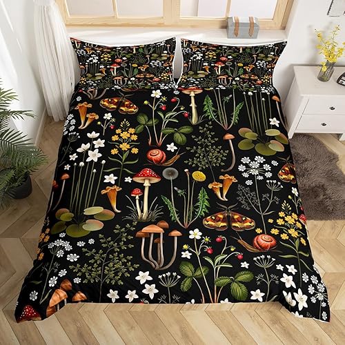 Miniatura 132 de Juego de funda de edredón de 3 piezas, diseño de hongos, diseño de hojas botánicas de acuarela y fresa, para niños, adolescentes, adultos, libélula