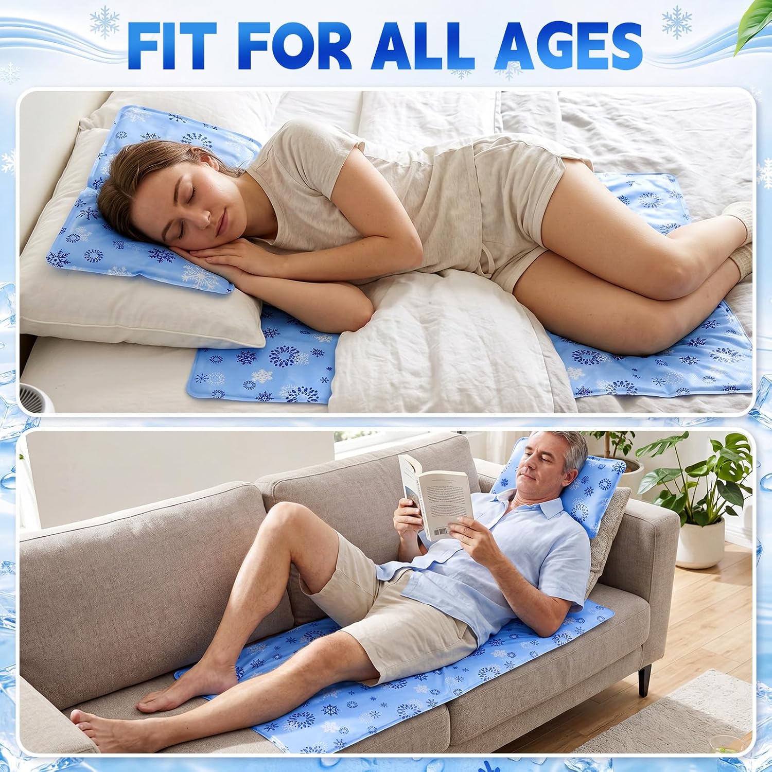Novabright 2 Pcs Cooling Pad with Pillow Set Cold Mat Gel for Bed 47'' x 28'' Cooling Mattress Pad for Night Sweats, Hot Sleepers, Hot Flashes, Pain Relief, Summer Supplies(Snowflake,Sky Blue)