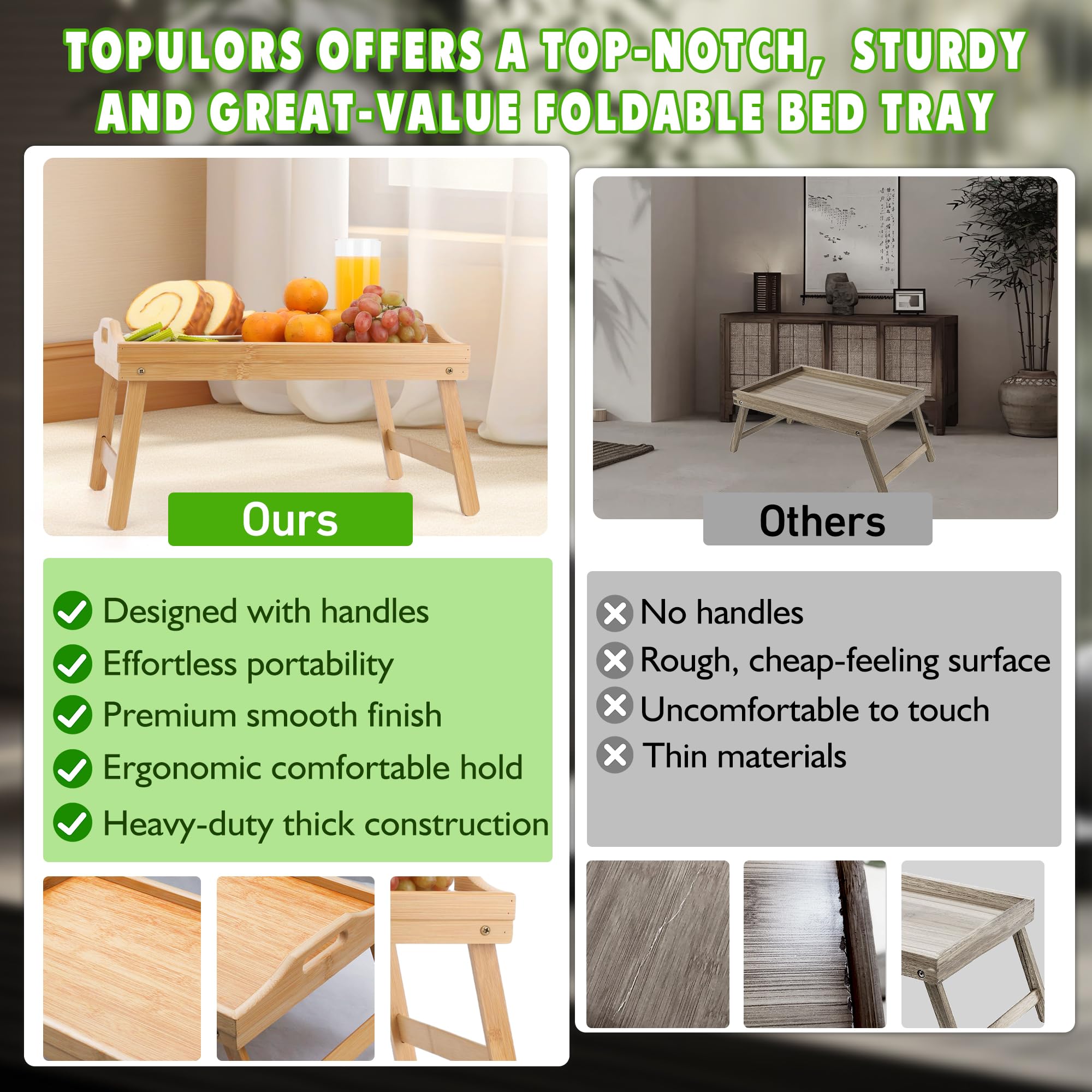 TOPULORS Bandeja de desayuno en la cama con patas plegables, bandeja de bambú de 15.7 x 11.8 pulgadas, mesa de cama plegable para comer, trabajar, soporte para tableta y laptop, bandeja de aperitivos