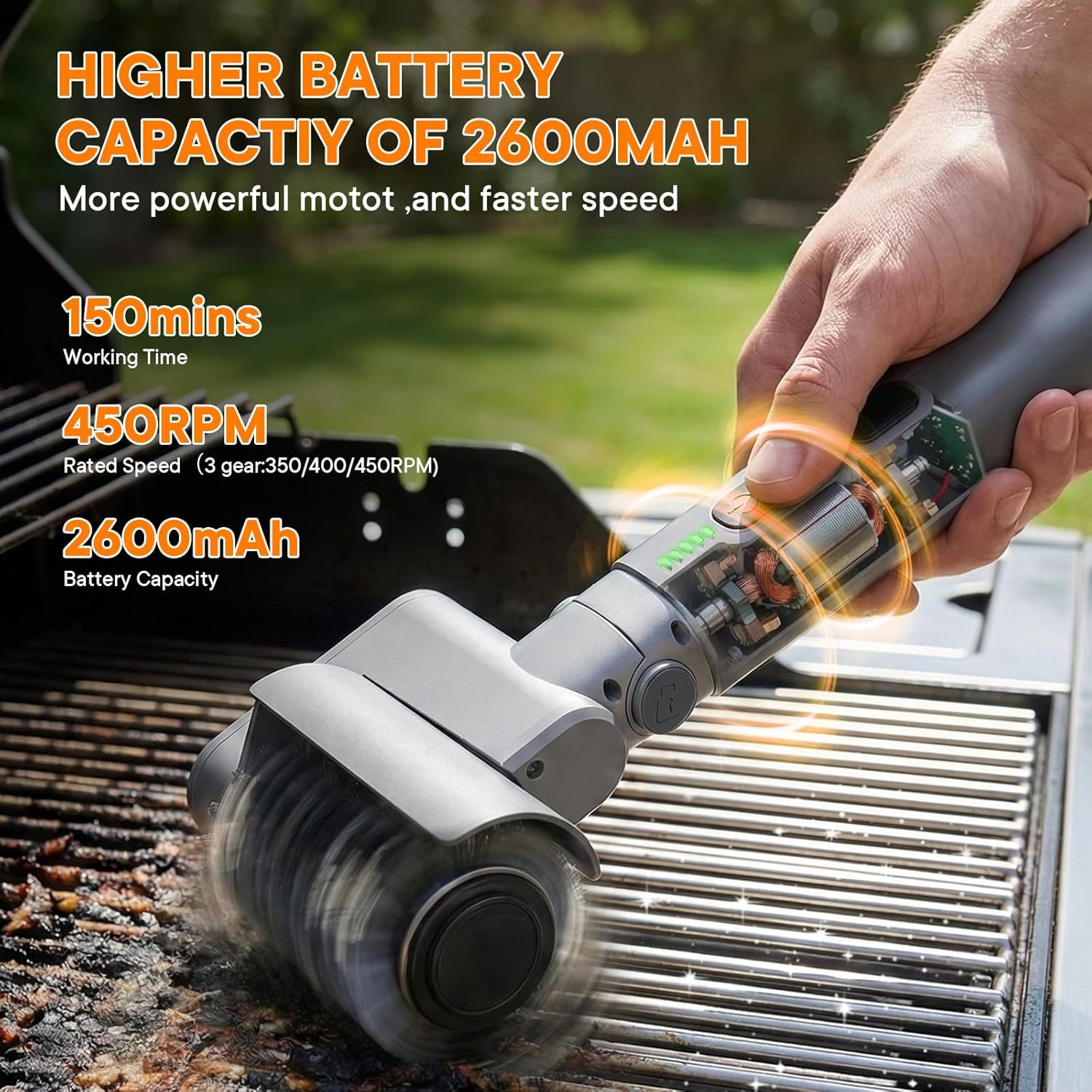 Electric Grill Brush for Outdoor, Rechargeable BBQ Grill Cleaner with 3 Heads,Cordless Rechargeable Grill Brush,3-Speed-450 RPM,150 Mins Runtime Grill Cleaning Brush