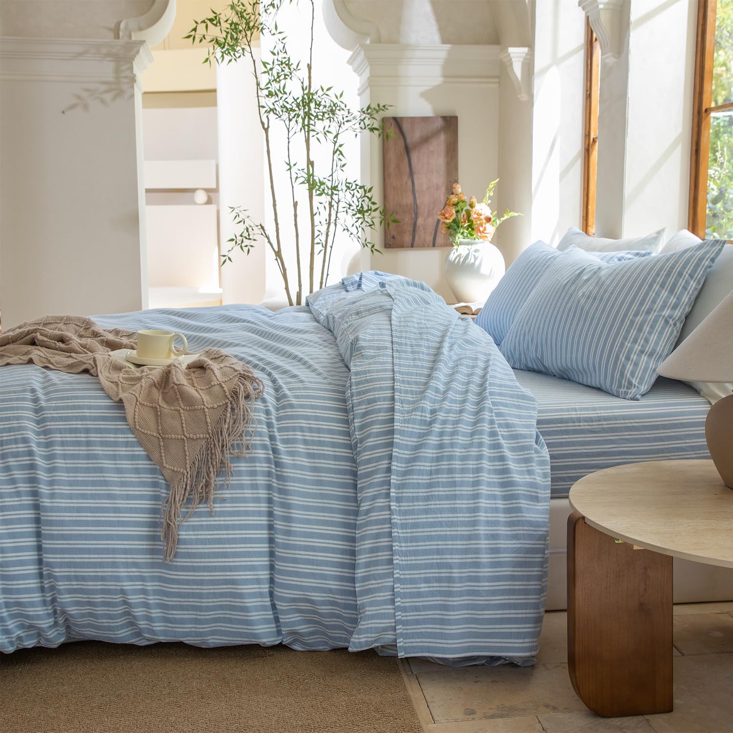 Striped Duvet Cover Set Full Size 100% Washed Cotton Linen Feel Natural Wrinkle Comfy Lightweight Bedding Set (Full, Double Stripe-Blue/White)