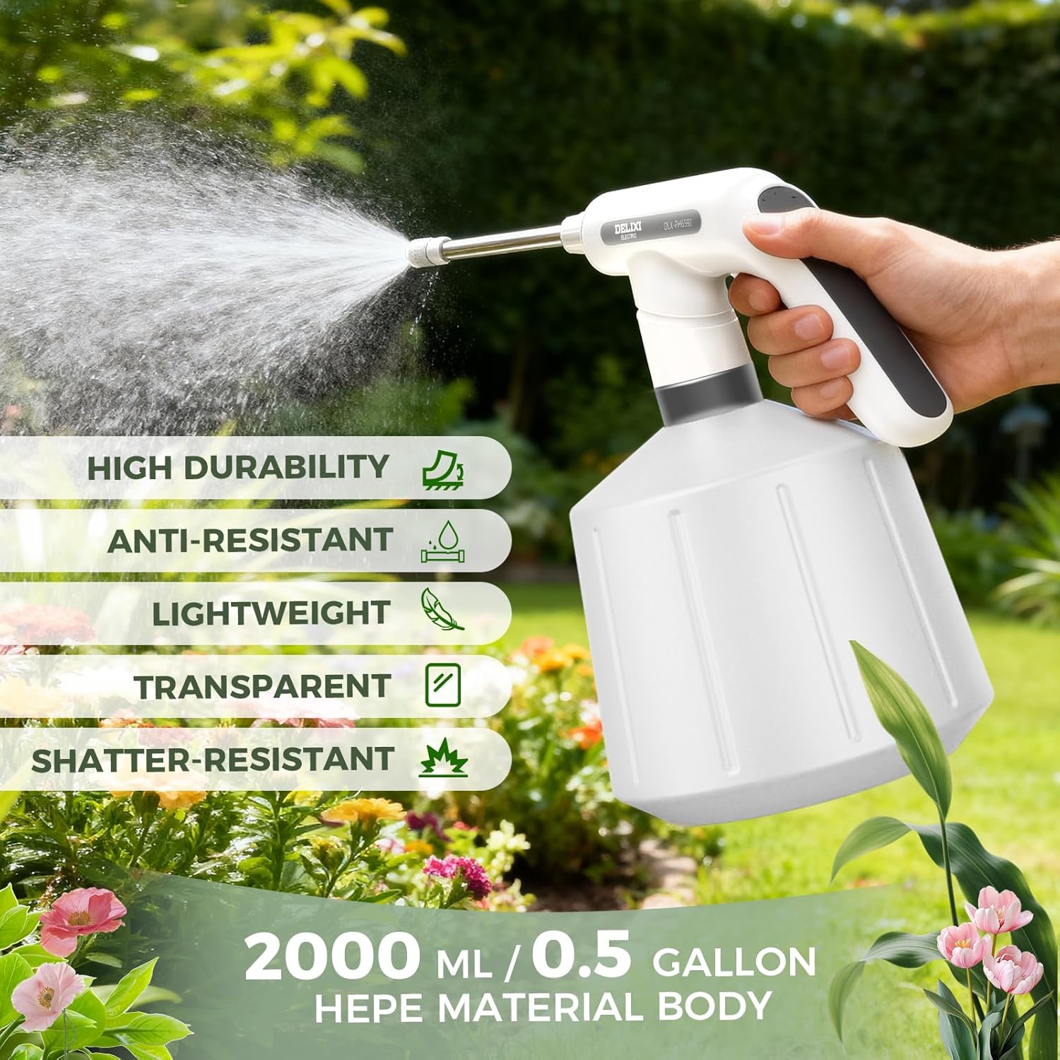DELIXI Electric Spray Bottle 2L/0.5 Gallon, Electric Sprayer with Dual Spray Modes (Wide Mist & Jet), 1500mAh Battery and Ergonomic Grip Suitable for Garden, Patio, Indoor Plants & Flower Shop - Image 6