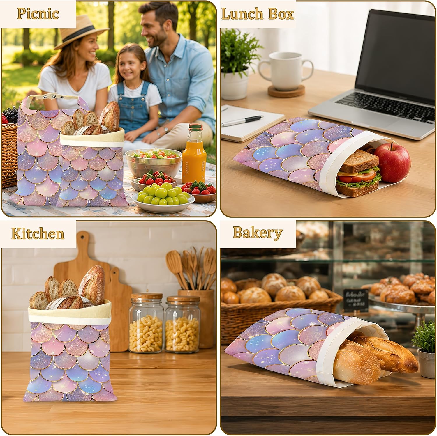 Pastel Mermaid Bread Bags for Homemade Bread, Glitter Scales 2 Pack Linen and Beeswax Sourdough Storage Bags, Reusable Keeper, Keeps Breads Fresh Longer, Gifts for Bakers image 2