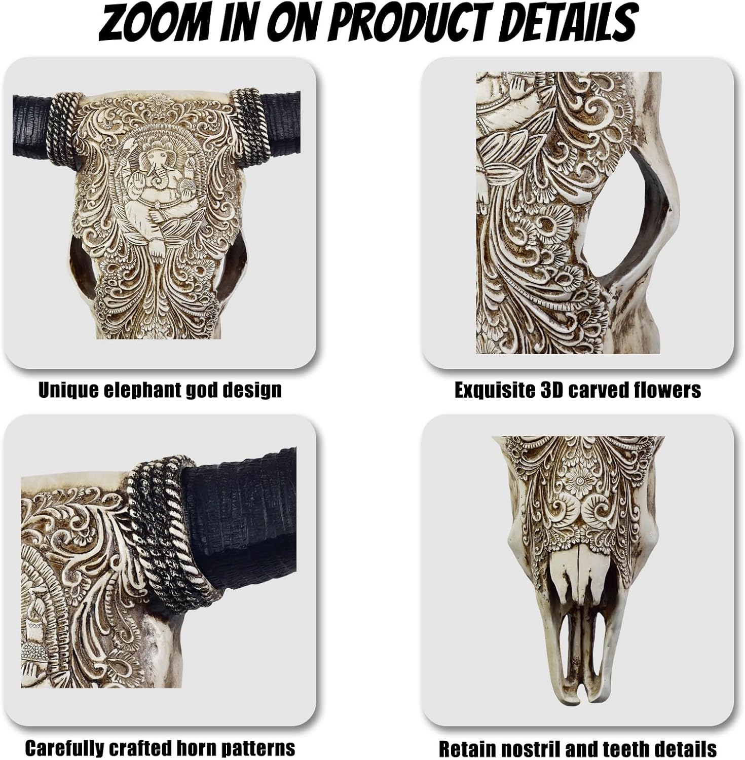 KIWZZXXKW Cow Skull Wall Decor, Ganesha Floral Embossing - Faux Longhorn Skull Faux Taxidermy Head Wall Art Handmade - Large Bull's Head - Farmhouse Wall Sculpture - 39 * 23 * 7 Inches(White)