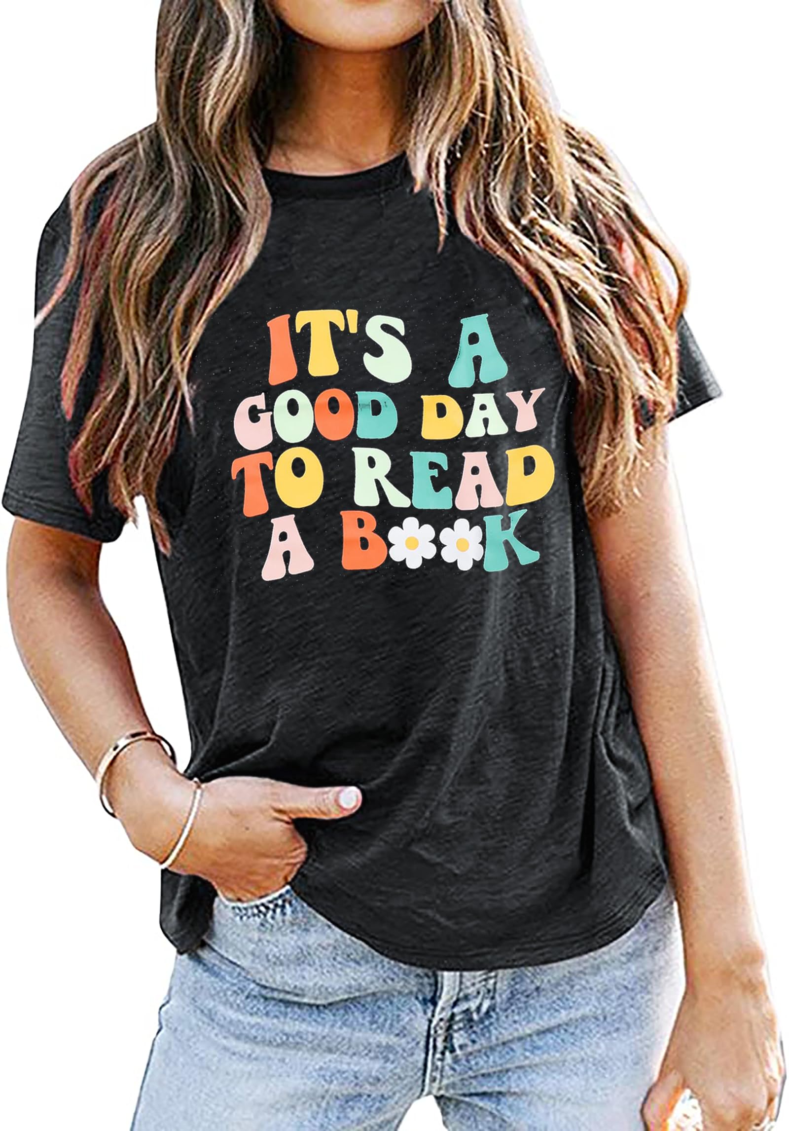 LUKYCILDTeacher Shirts Women It's a Good Day to Read a Book Letter Print Graphic Tee Reading Book Shirt Book Lovers Gift Tops