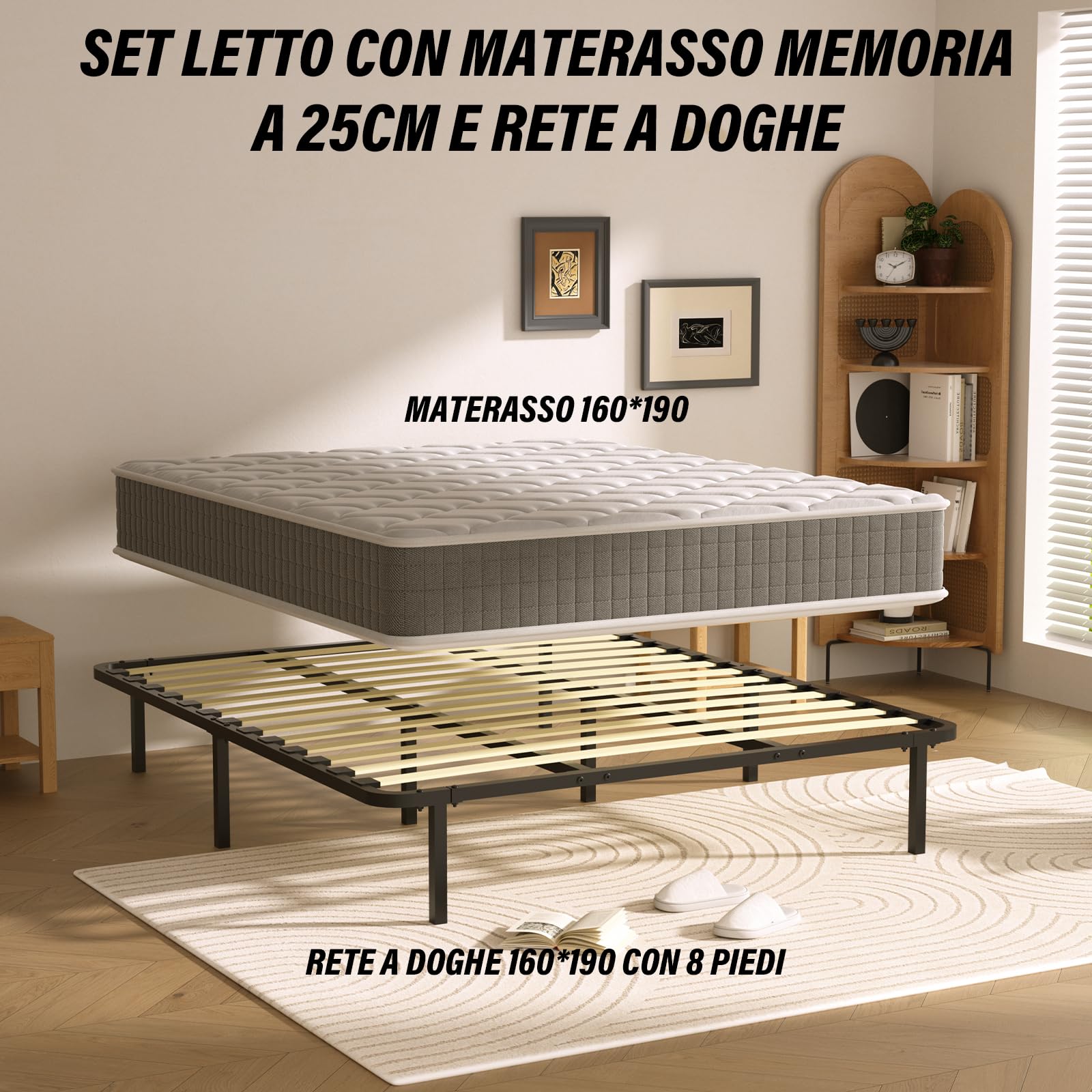 DEWINNER Materasso a Memoria 25cm + Rete a Doghe 160x190cm, Alto 35cm, con 8 piedi, 13 doghe, Facile da montare, Ortopedico, Antiacaro, Grigio，Letto Matrimoniale