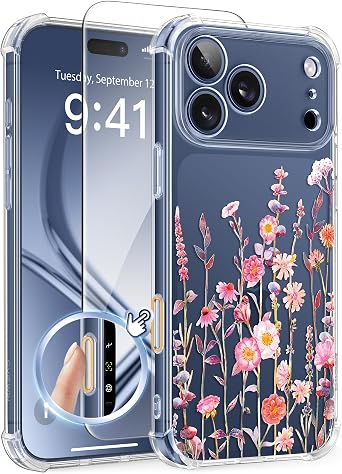 GVIEWIN for iPhone 17 Pro Case with Screen Protector, Upgraded [Full Camera Protection] [Non Yellowing] Floral Slim Shockproof Clear Women Phone Cover for iPhone 17 Pro 6.3" Floratopia/Colorful