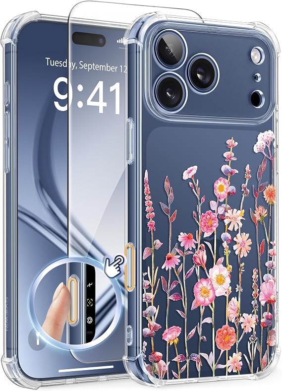 GVIEWIN for iPhone 17 Pro Case with Screen Protector, Upgraded [Full Camera Protection] [Non Yellowing] Floral Slim Shockproof Clear Women Phone Cover for iPhone 17 Pro 6.3 (Floratopia/Colorful)