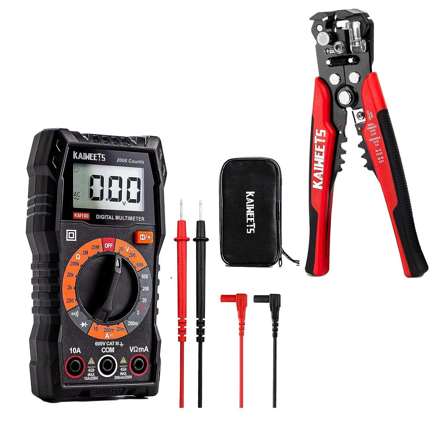 KAIWEETS Digital Multimeter with Case, DC AC Voltmeter, Ohm Volt Amp Test Meter and Continuity Test Diode Voltage Tester | Wire Stripper - 3 in 1 Automatic Self Adjusting Wire Stripping Tool