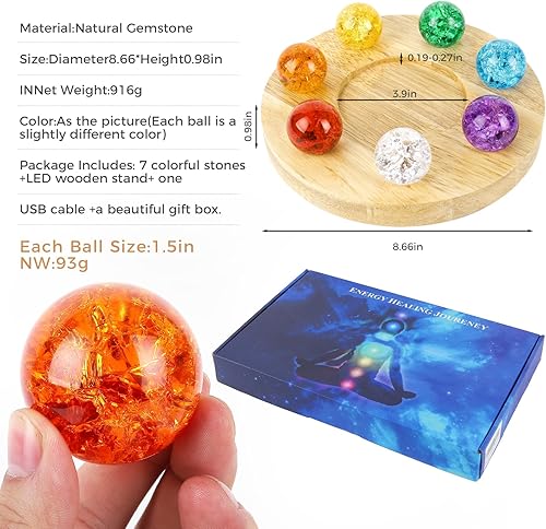 Miniatura 2 de Juego de bolas de cristal curativo de 7 colores con base de madera LED, esferas de chakra agrietadas con hielo de 1.57 pulgadas, orbes de energía de