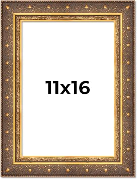 11x16 Frame Gold Ornate Beaded Vintage Floral Solid Wood Picture Frame | 2.5 Inch Wide Moulding | 0.875 Inches Deep | UV Acrylic Plexiglass, Foam Board Backing & Hanging Hardware Included
