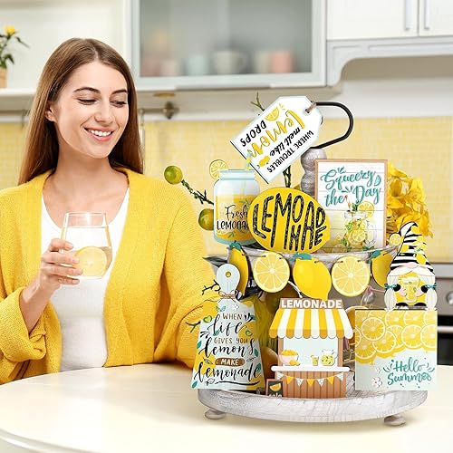 Miniatura 5 de Qunclay 13 piezas de decoración de bandejas escalonadas de limón para cocina, letreros de madera de limonada de verano, bandejas decorativas