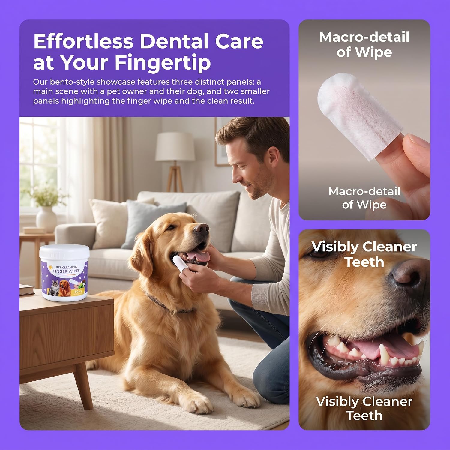 2-in-1 Ear Cleaner Finger Wipes, Dental Wipes- for Dogs & Cats, Clean Wax, Dirt & Odor, Soothing Itchy Ears, Tartar Control & Daily Hygiene, Gentle and Hypoallergenic Ear&Teeth Cleaning Wipes
