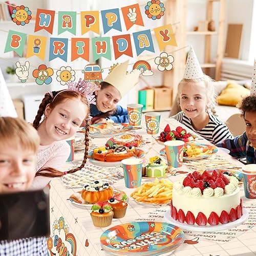 Miniatura 6 de Ctosree 173 piezas de suministros de fiesta Groovy incluyen mantel hippie bohemio Groovy cumpleaños banner de margarita hippie platos de papel
