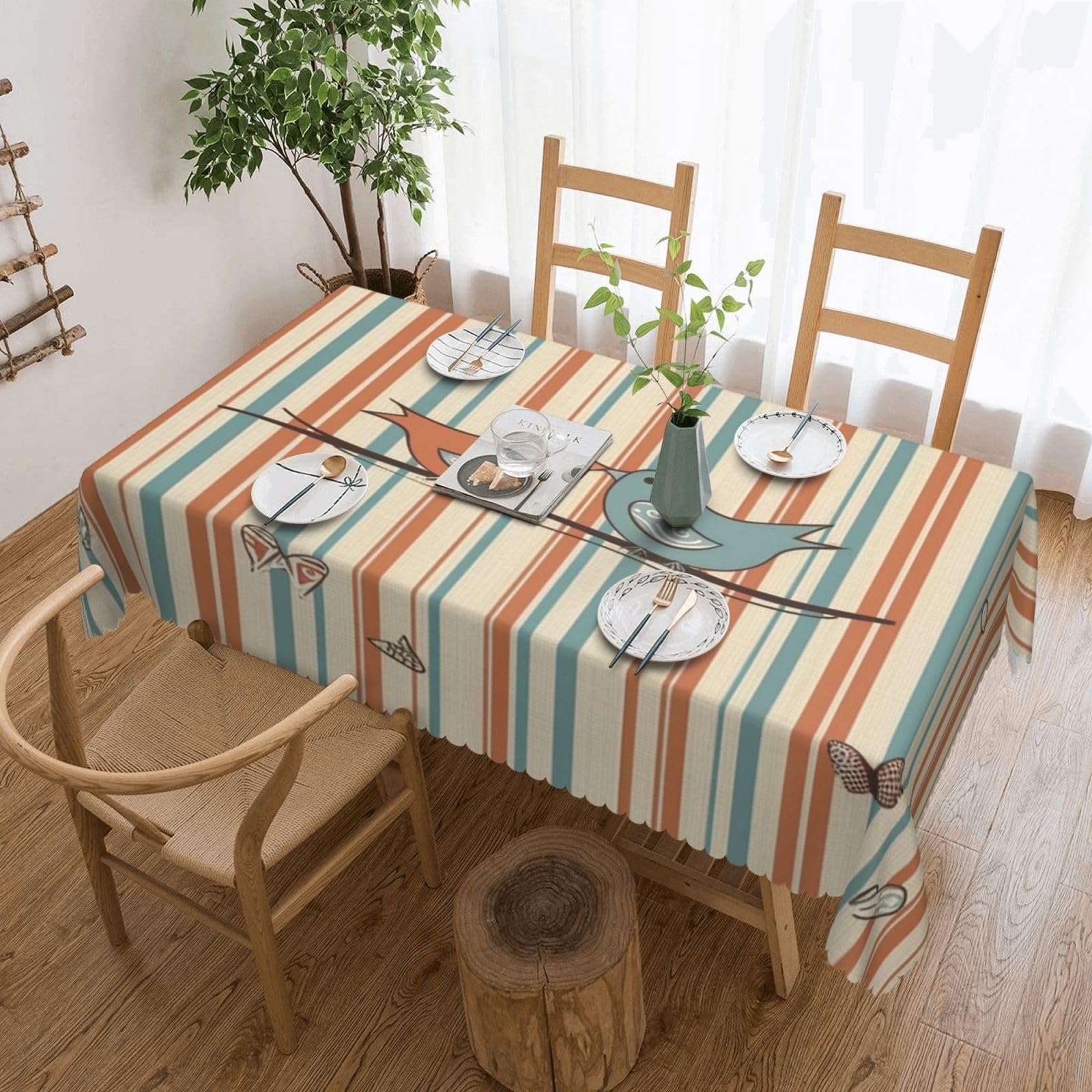 Nappe infroissable rectangulaire Love Birdie à rayures 137 x 183 cm sans repassage