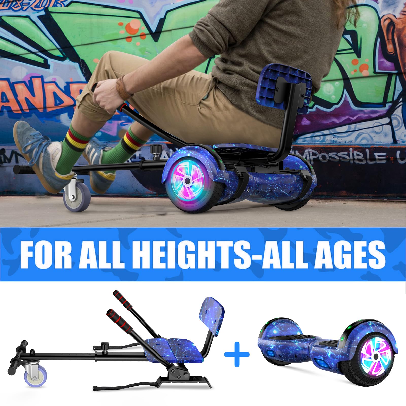 SISIGAD Hoverboard mit Hoverkart für Kinder, 6.5 Zoll Hoverboard mit Bluetooth Lautsprecher, mit LED-Leuchten, Geschenk für Kinder